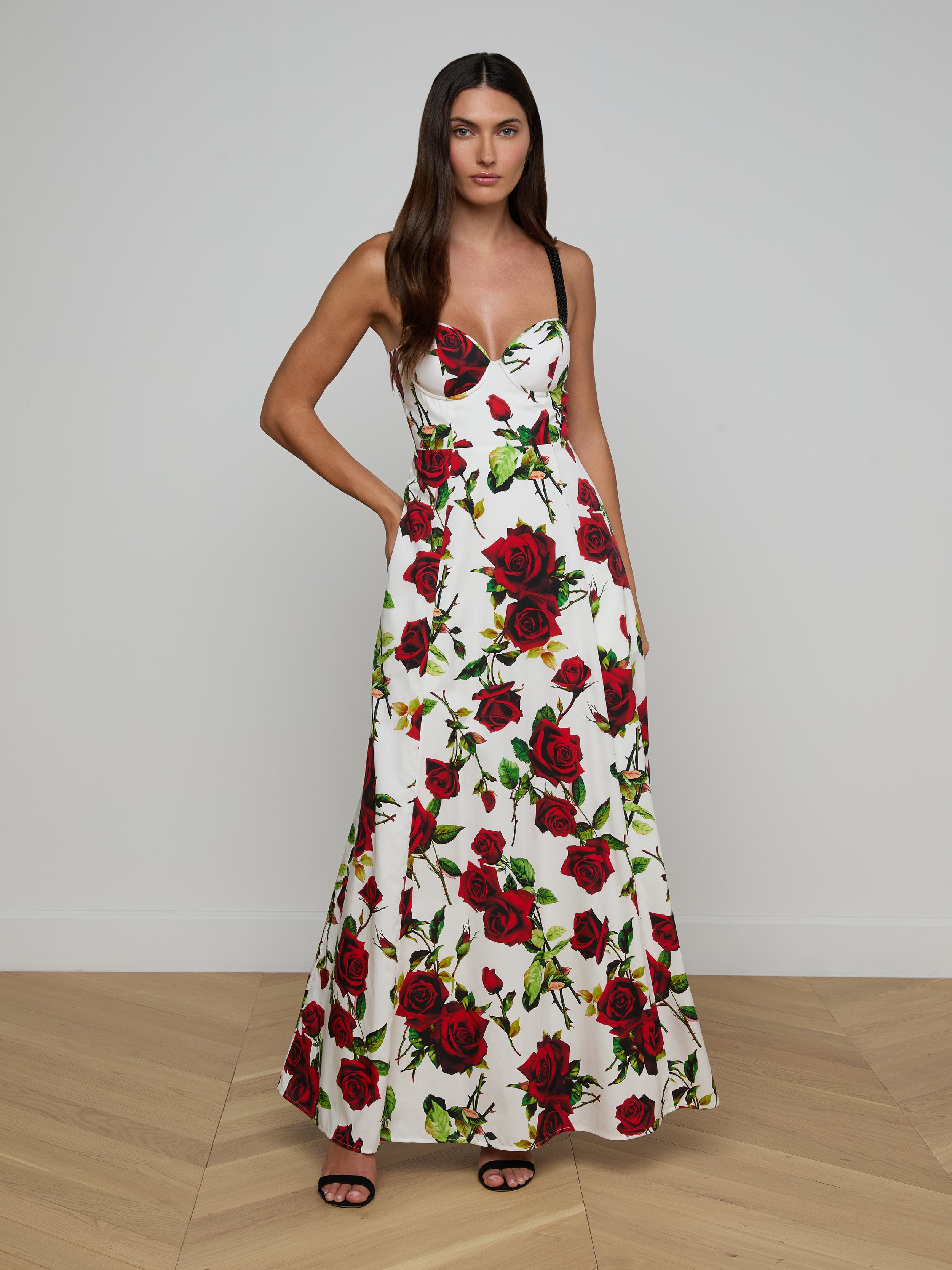 Sutton Beaded Strap Gown In White/red Romantic Rose