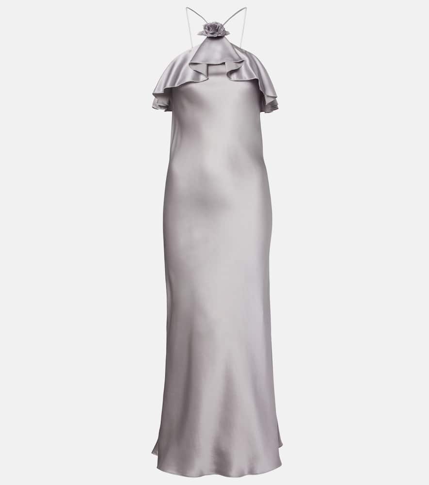 Floral-appliqué silk charmeuse slip dress