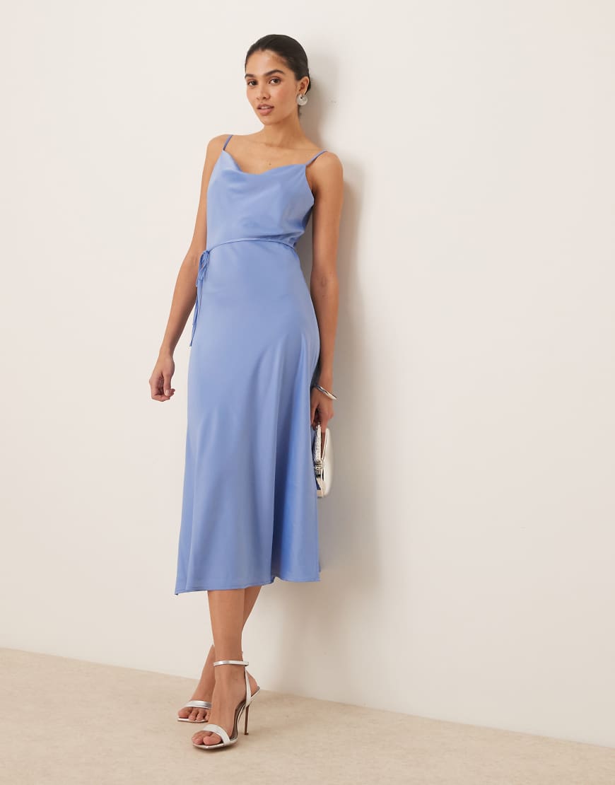 YAS satin cami midi dress in light blue