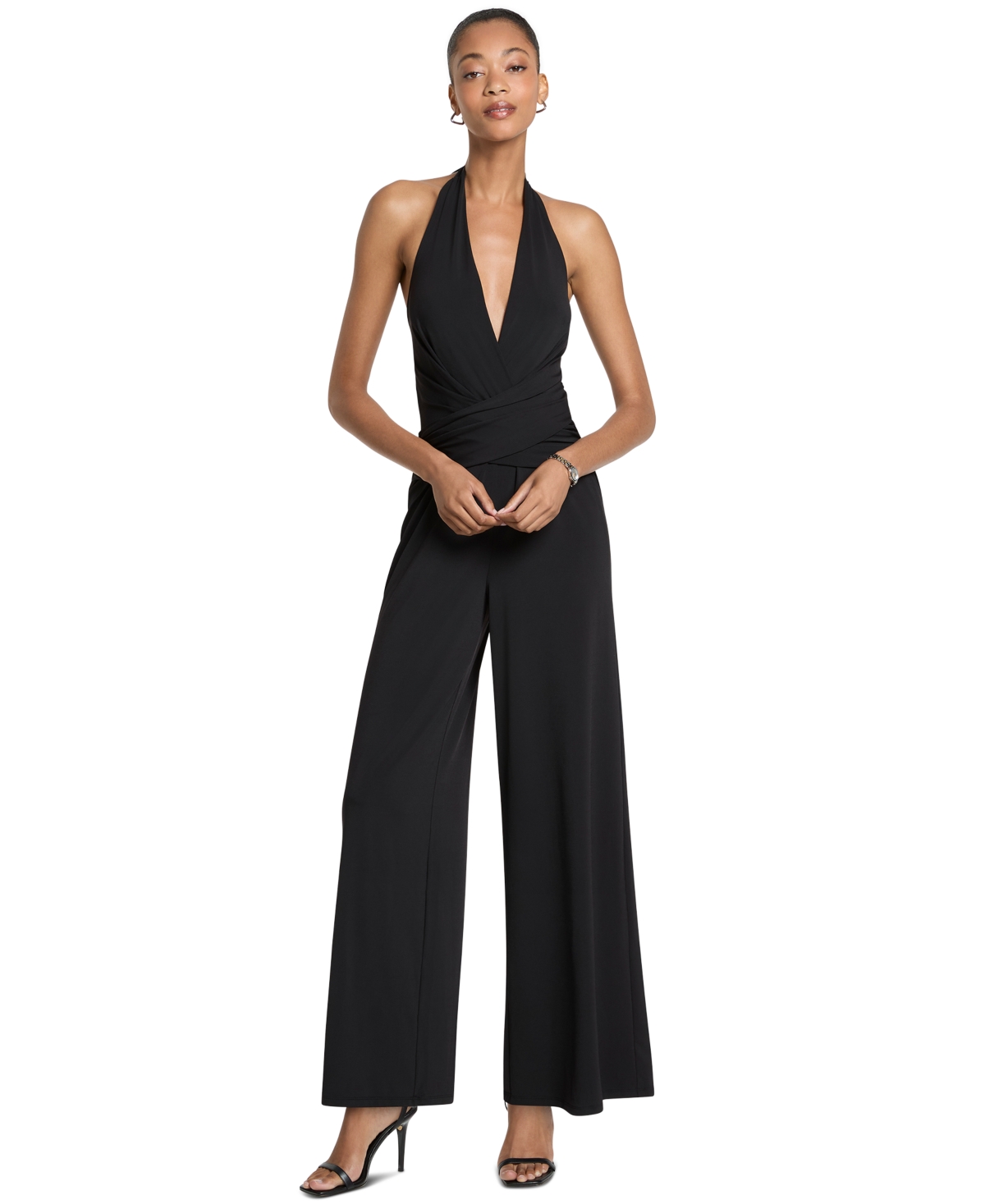 Women's Halter Wide-Leg Wrap-Front Jumpsuit - Black