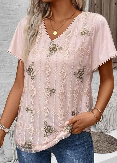 Modlily Light Pink Patchwork Floral Print Short Sleeve Blouse