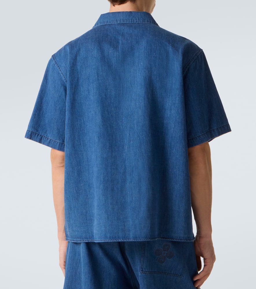 Embroidered oversized cotton-blend denim bowling shirt