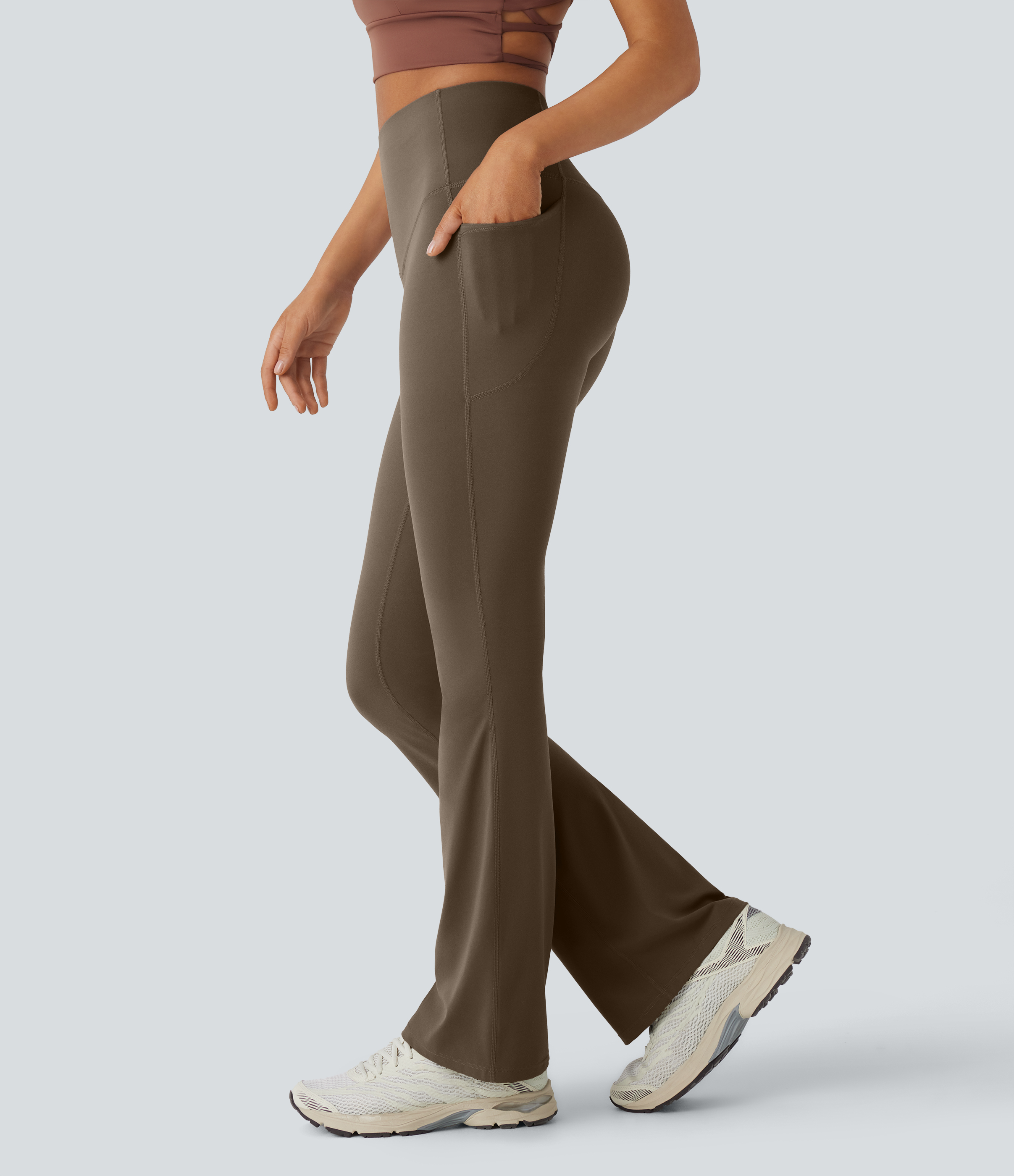 UltraSculpt™ SoCinched High Waisted Tummy Control Pocket Shaping Yoga Bootcut Leggings  - Thick Earthy Brown