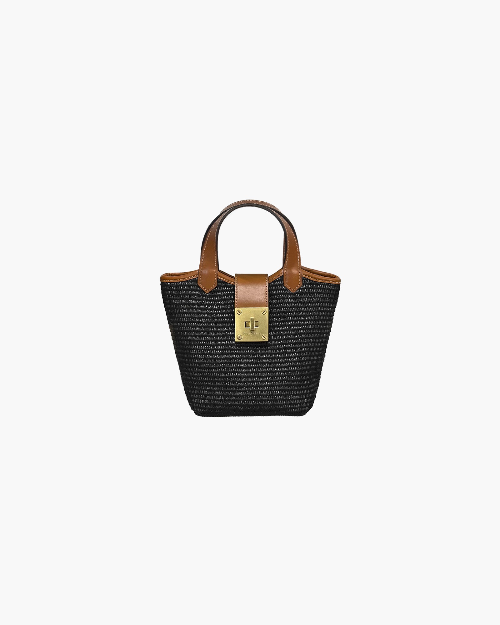 Mini Myka Straw Bag - Black - Women's Compact Bucket Bag with Leather Handles and Turn Lock Closure
