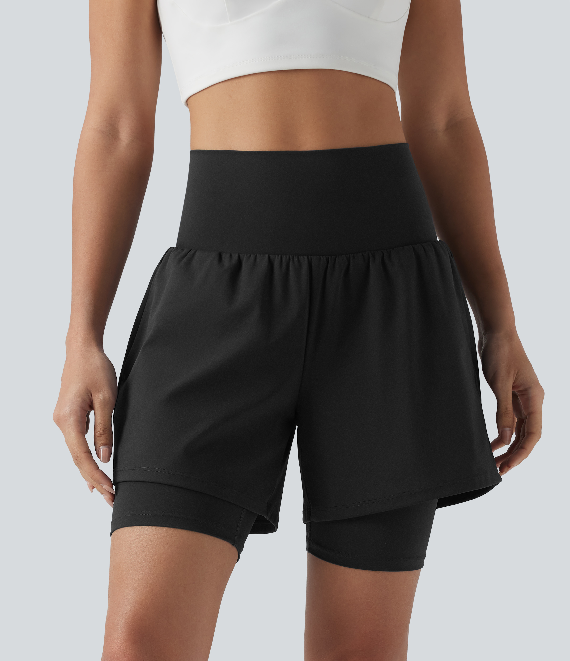 Halara SoftlyZero™ Airy Super High Waisted 2-in-1 InstantCool Yoga Shorts 7'' with Pockets - Black