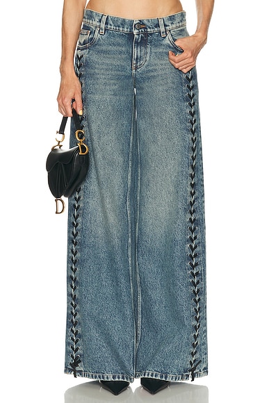 Stella McCartney Laced Denim Wide Leg in Mid Blue - Blue. 26 also , 28