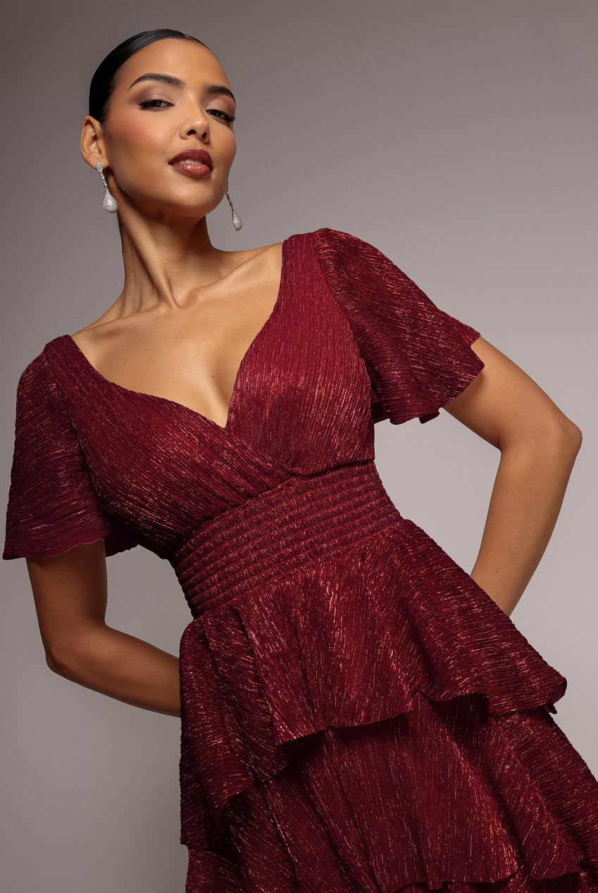 Goddiva Crinkle Lurex High Low Layered Midi Dress - Wine