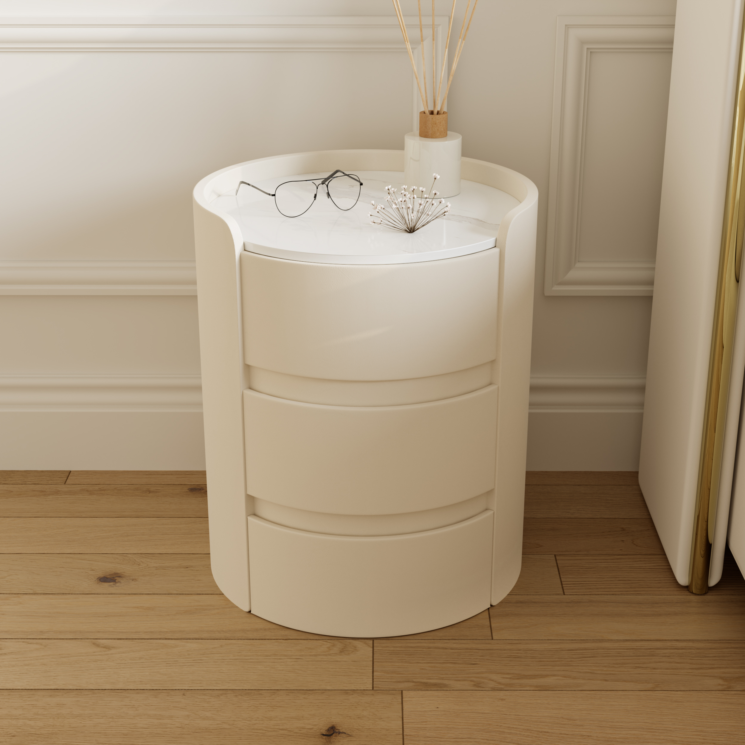 Modern bedside table with 3-drawers and 40 cm wide bedside cabinet in white, marble and leather design