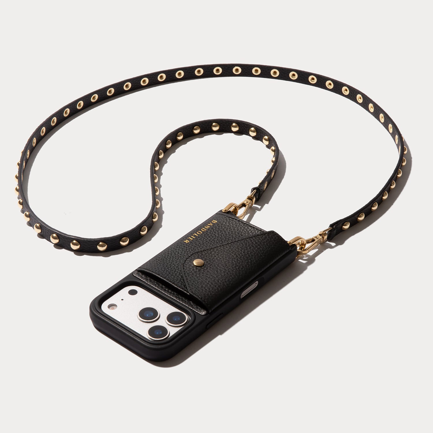 Annie Pebble Leather Crossbody Bandolier in Black/Gold | iPhone 16 Pro |