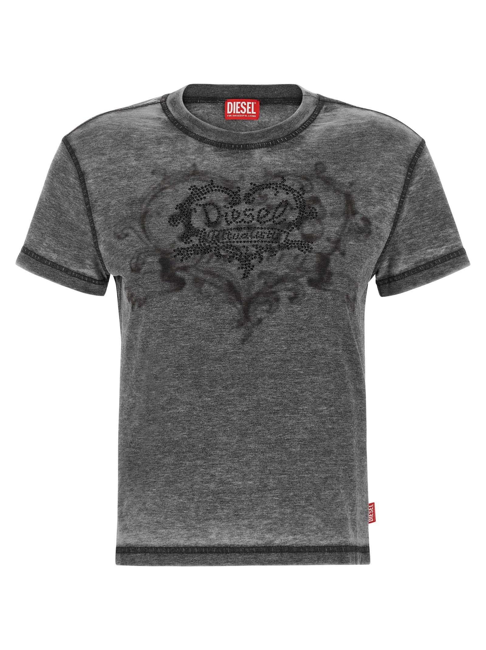 Rhinestone-Embellished Logo Print T-shirt — gray