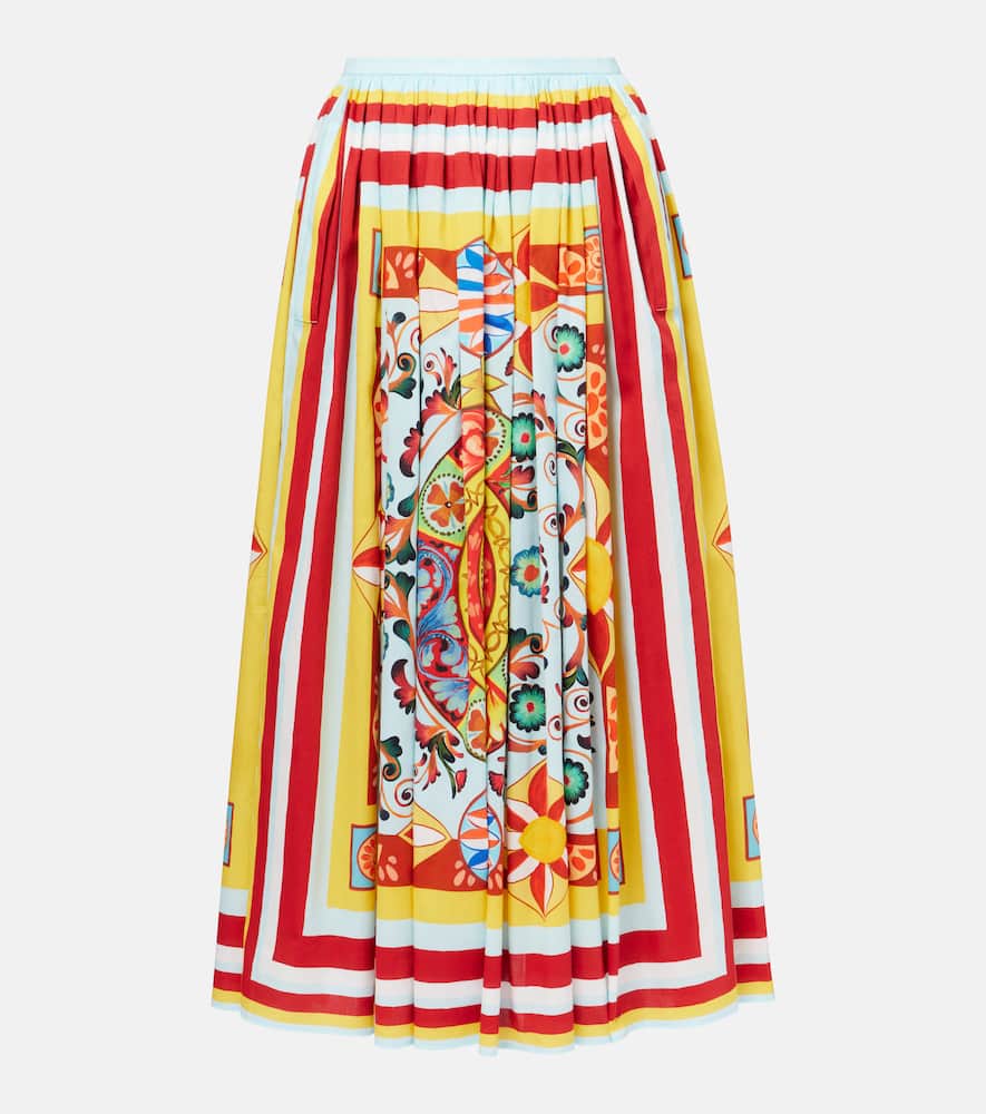 Pleated printed cotton midi skirt