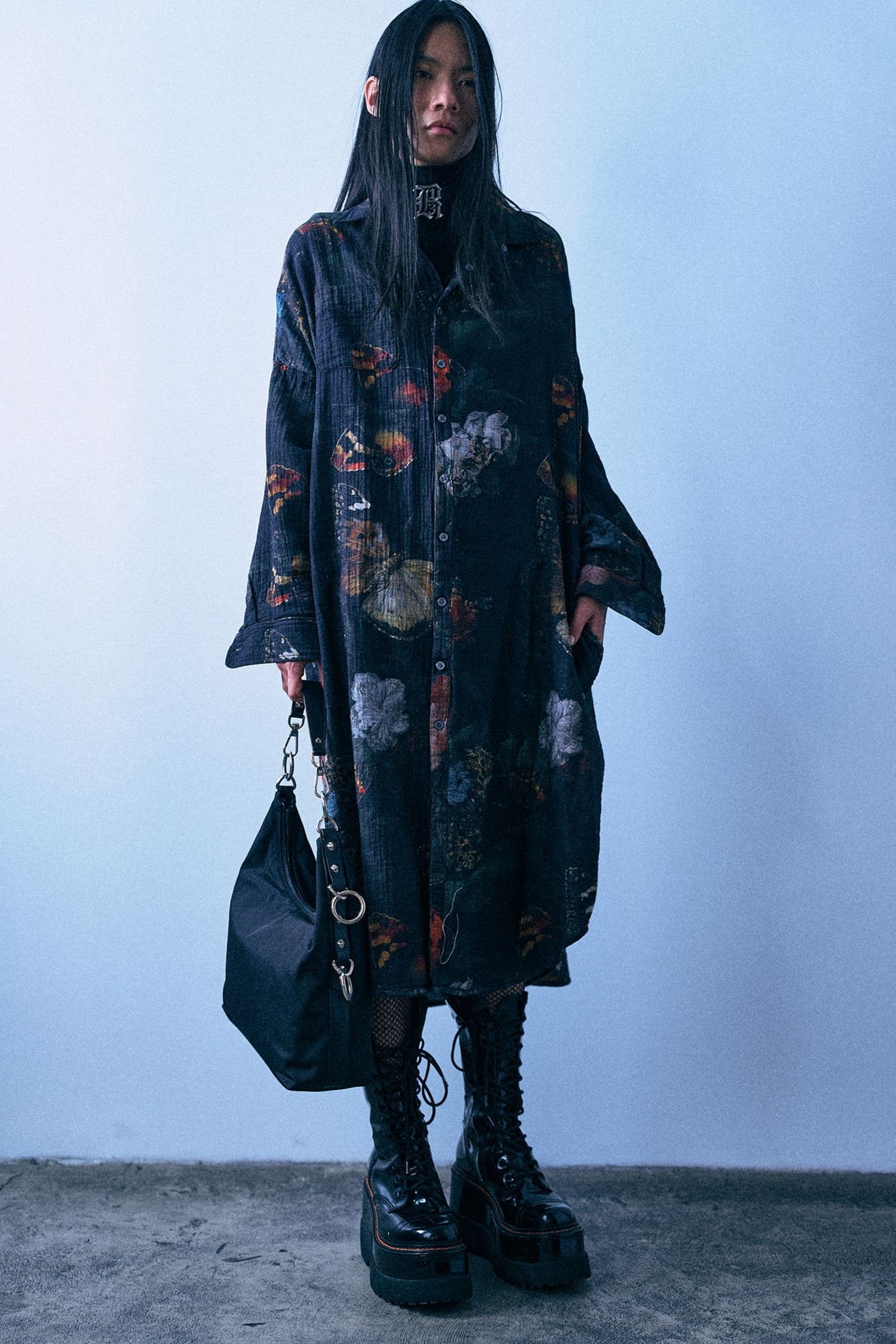 R13 Reversible Jumbo Shirtdress - Black Multicolor Butterflies With Plaid
