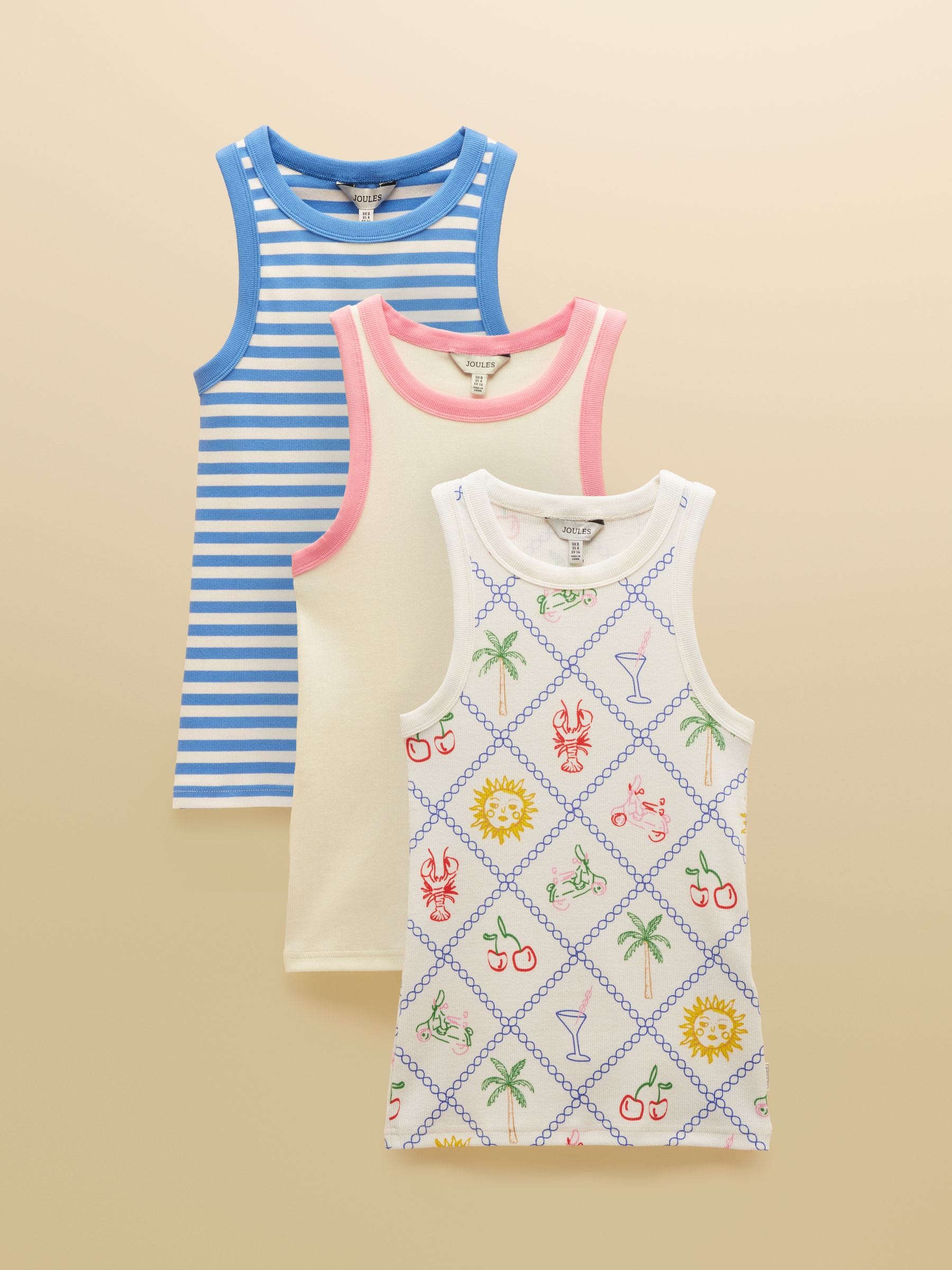 Sofia Summer Icons/Blue/Cream Ribbed Jersey Vests 3 Pack