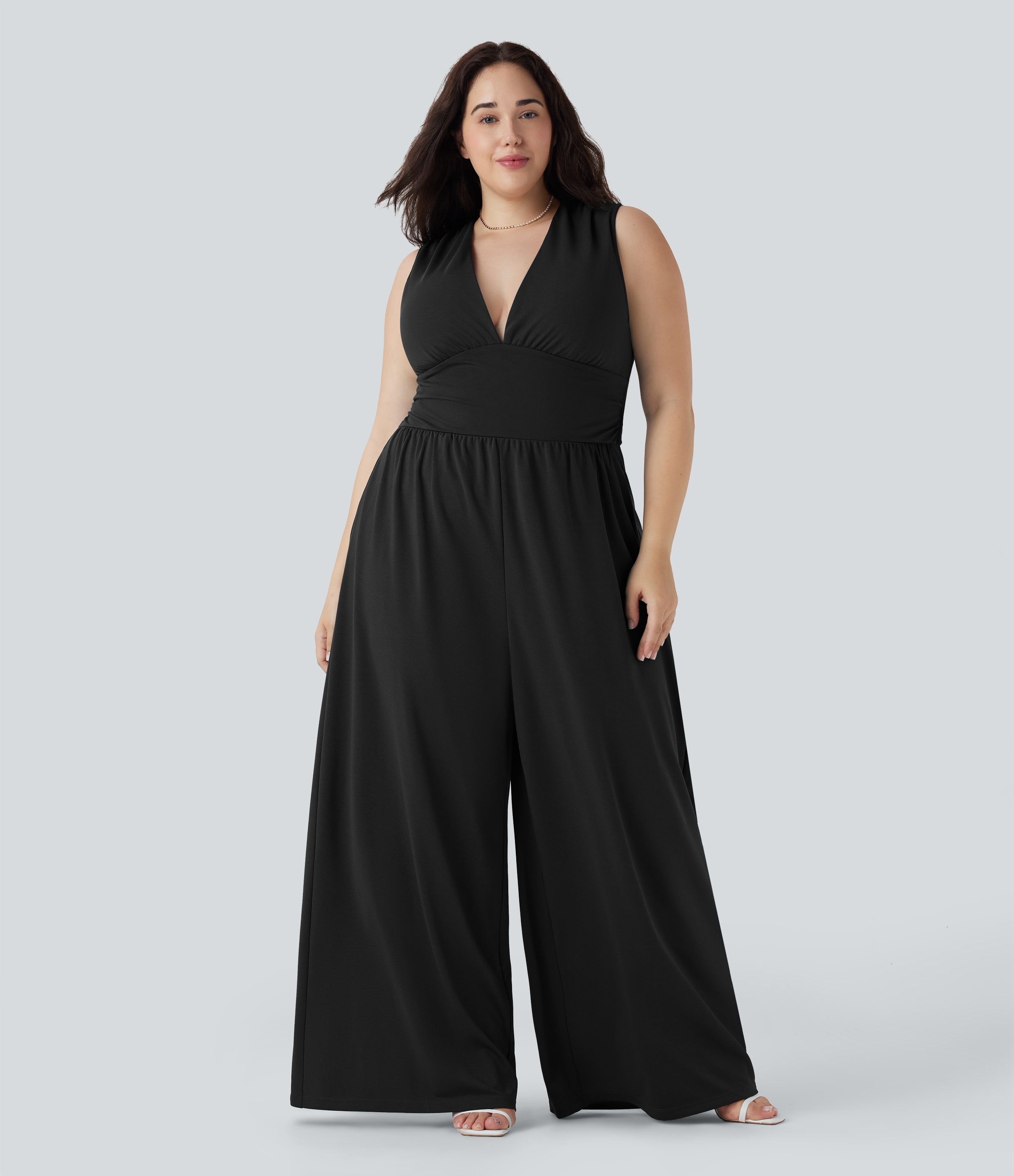 Plus Size V Neck Sleeveless Jumpsuit with Pockets-Easy Peezy Edition  - Black