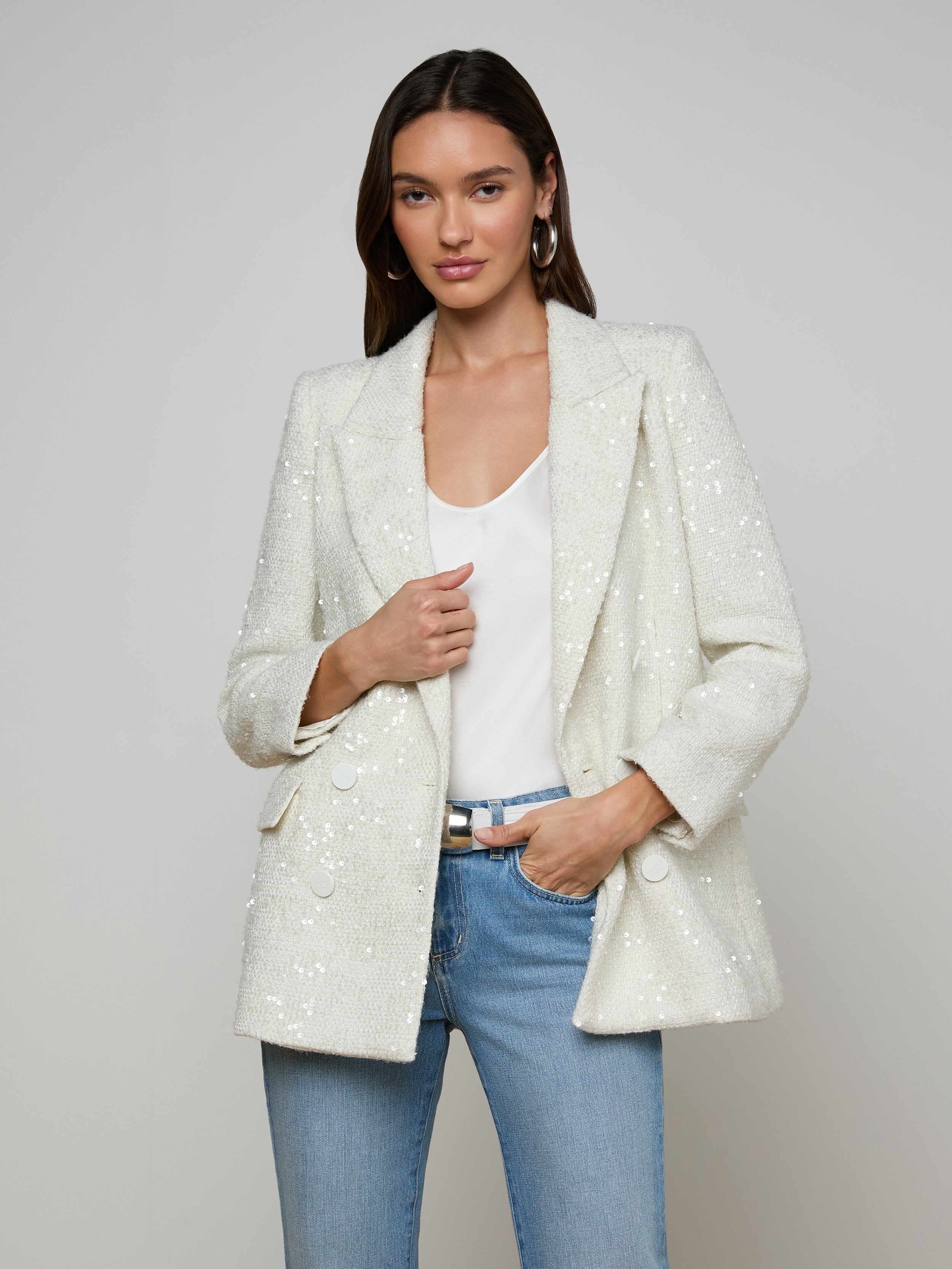 Cambrie Oversized Sequin Blazer In White Tweed/clear Sequin