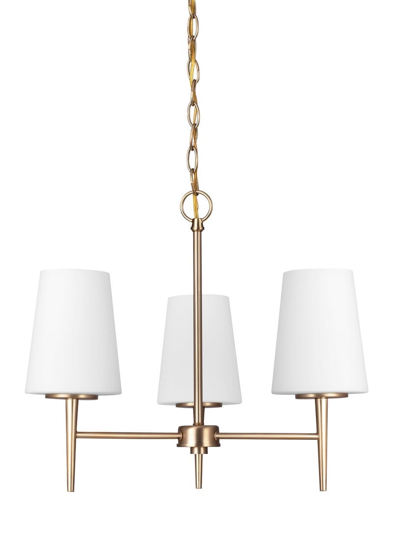 Satin Brass Three Light Chandelier from the Driscoll Collection