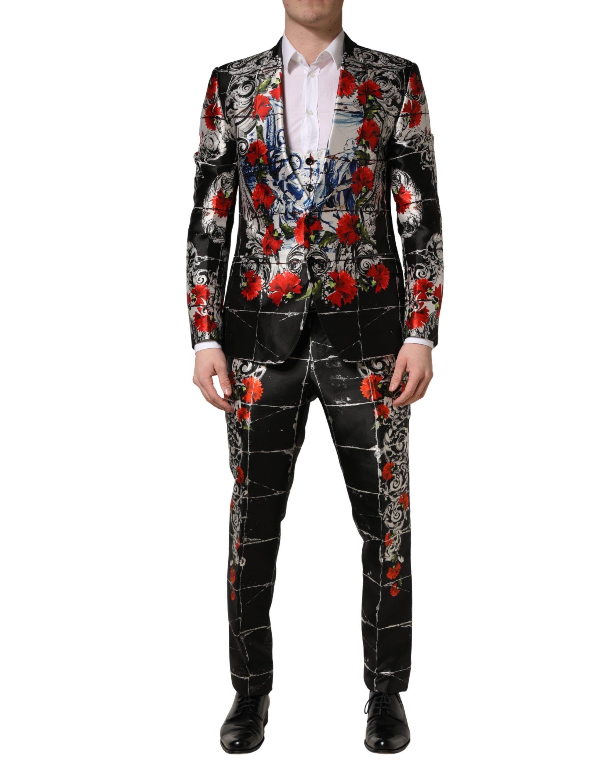 Floral-Printed Silk Pant Suit — Black