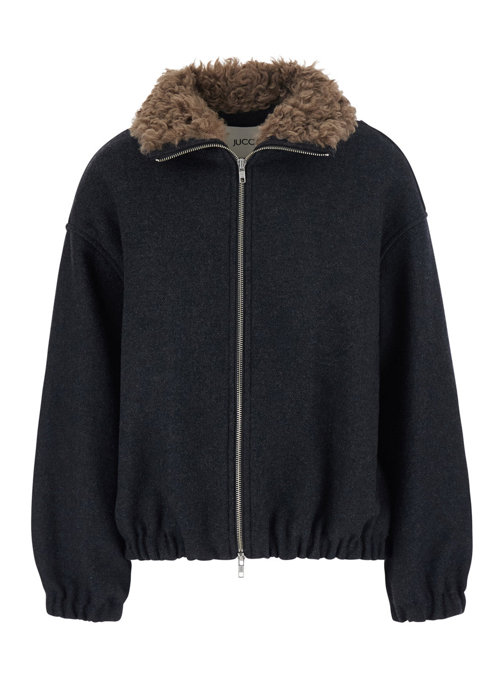 Fur-Collar Wool-Blend Bomber Jacket — Gray