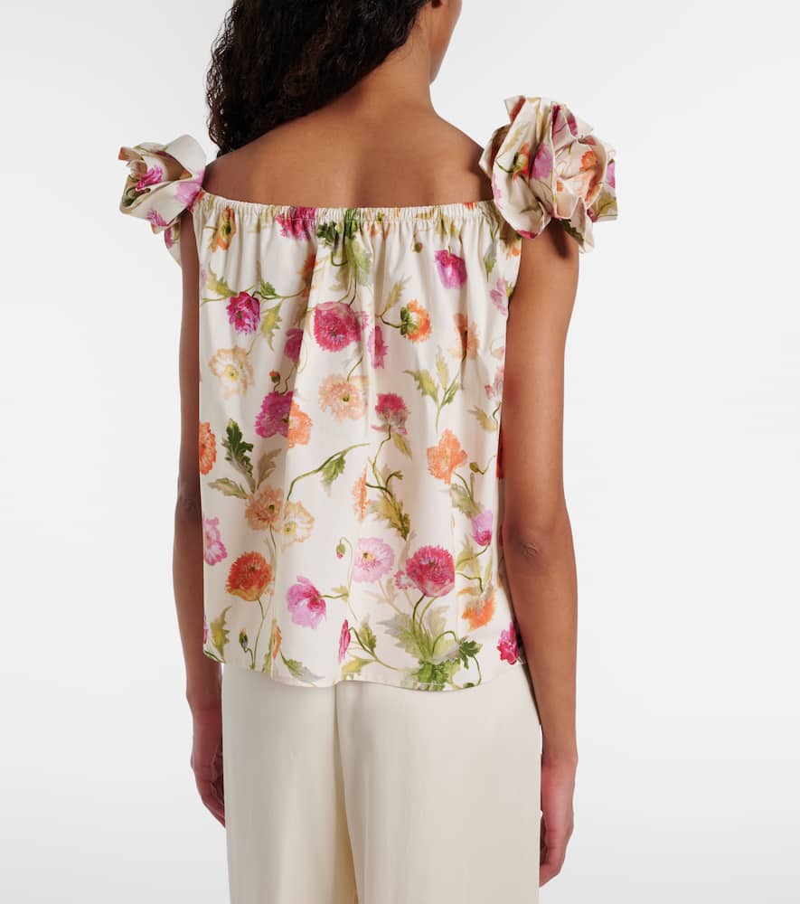 Floral-appliqué off-shoulder cotton-blend top