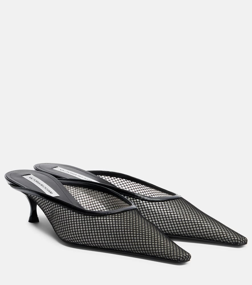 Leather-trimmed mesh mules