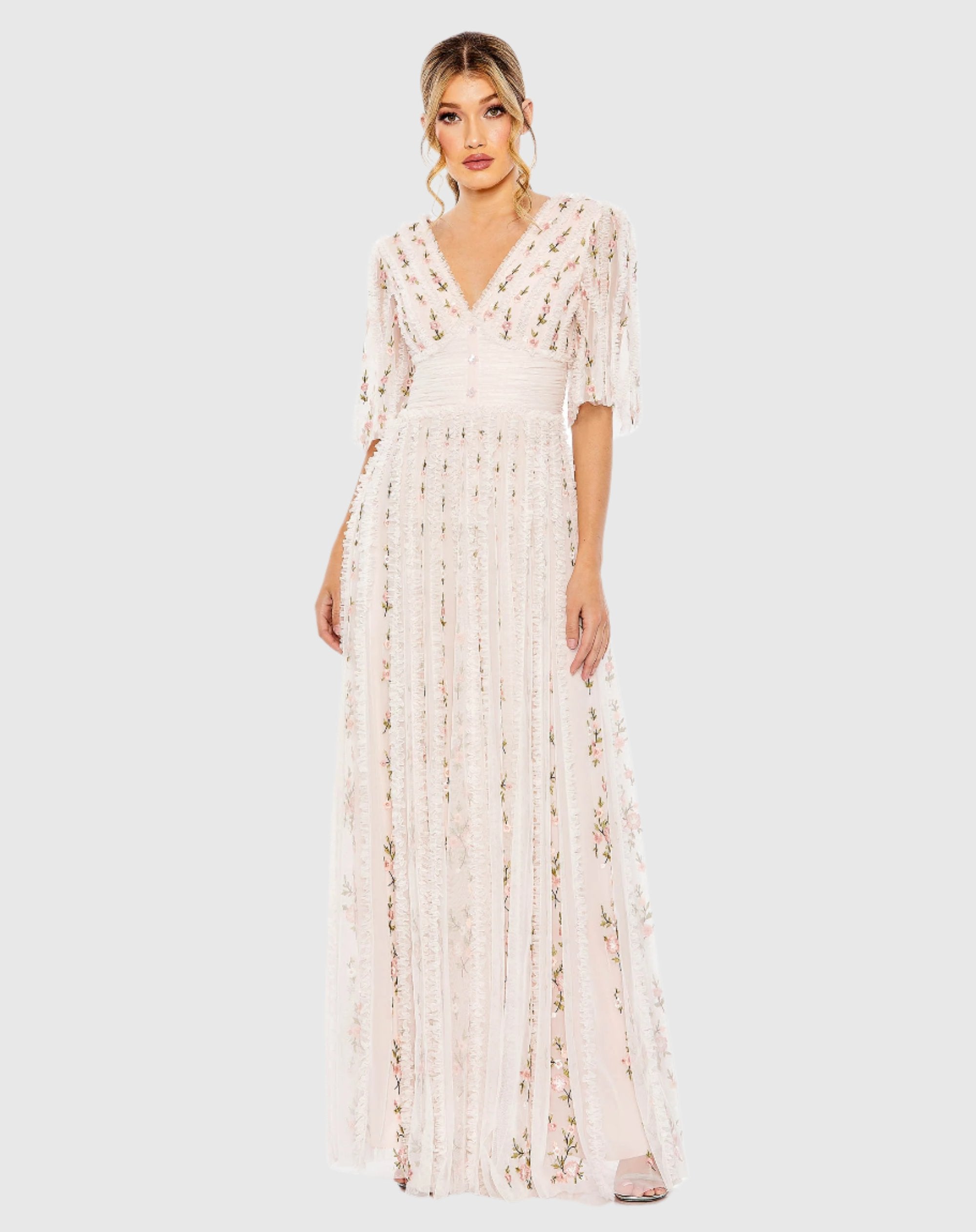 Floral V-Neck Ruffle Detail Empire Waist Wedding Guest Maxi Gown In Light Pink Multi