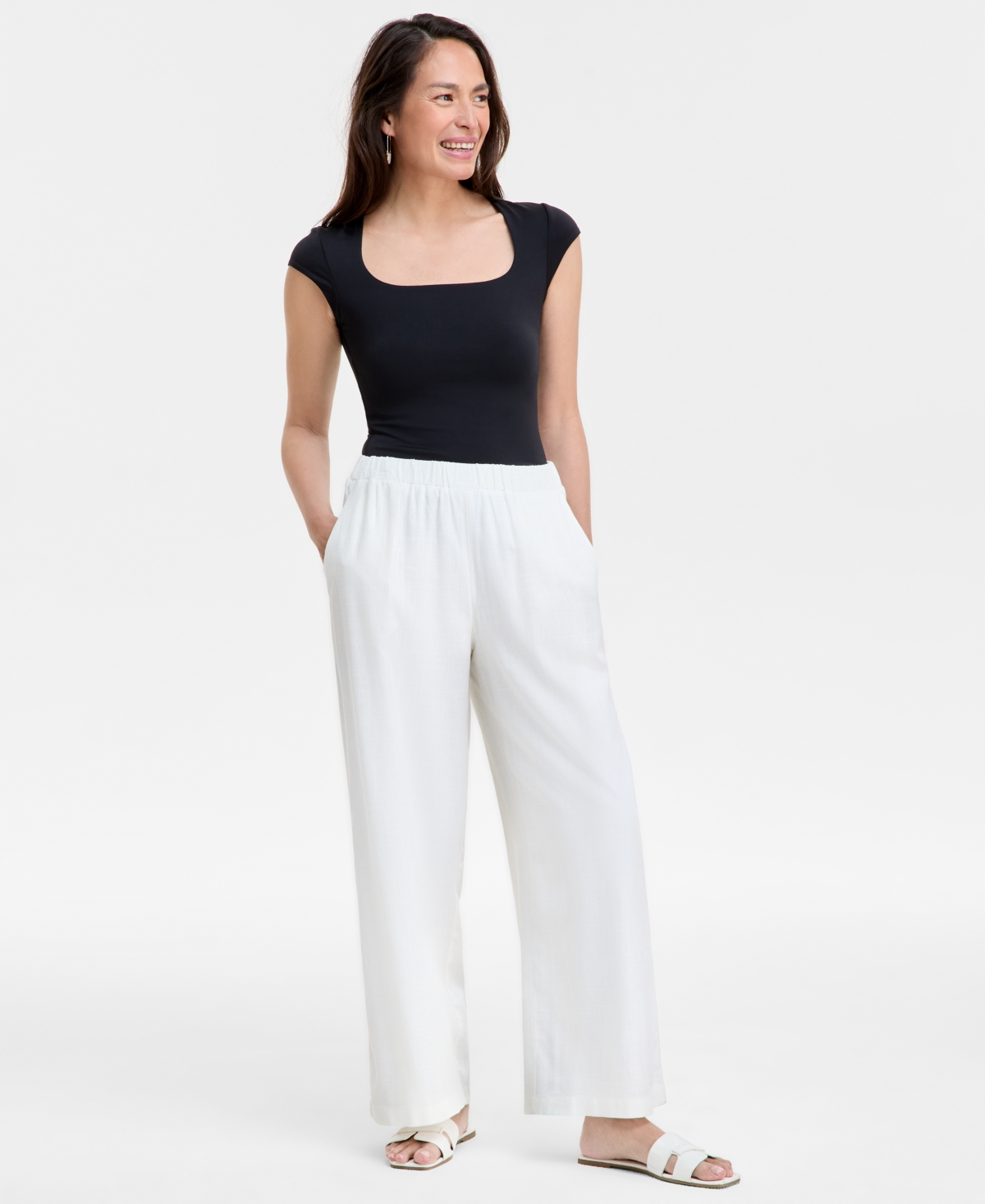 Jm Collection Women's Linen Blend Wide-Leg Pull-On Pants, Exclusively at Bright White