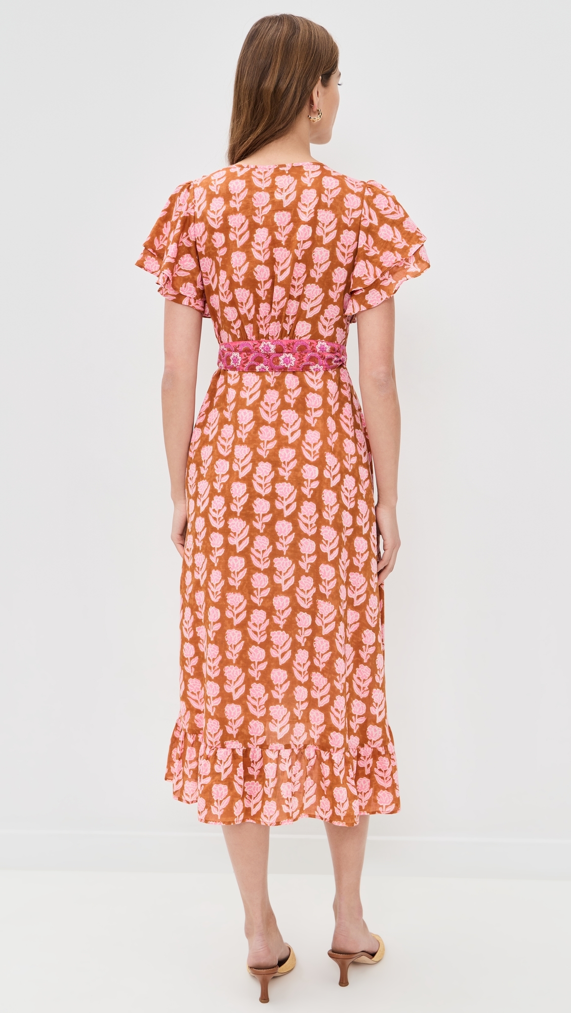 Frilly Wrap Dress Brown And Pink Flower