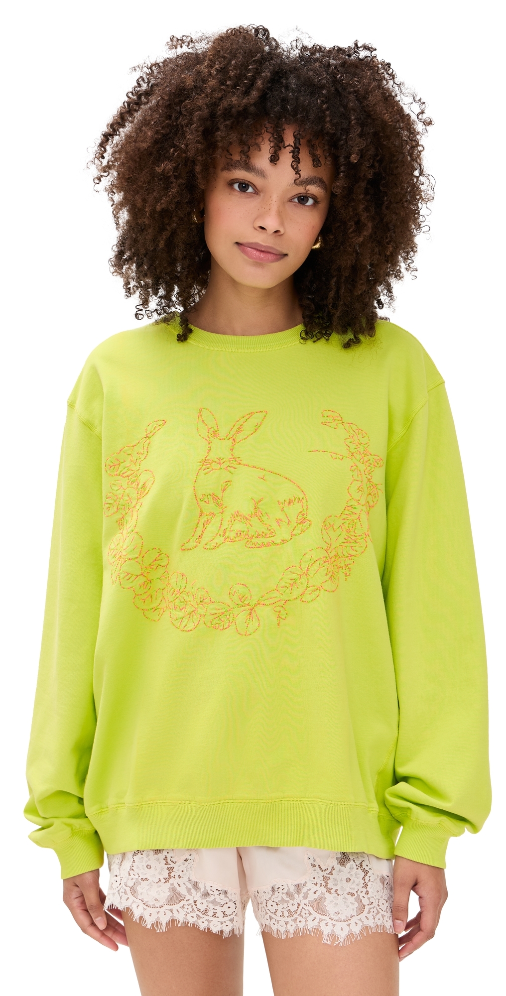 Embroidered Bunny Pullover Lime One Size