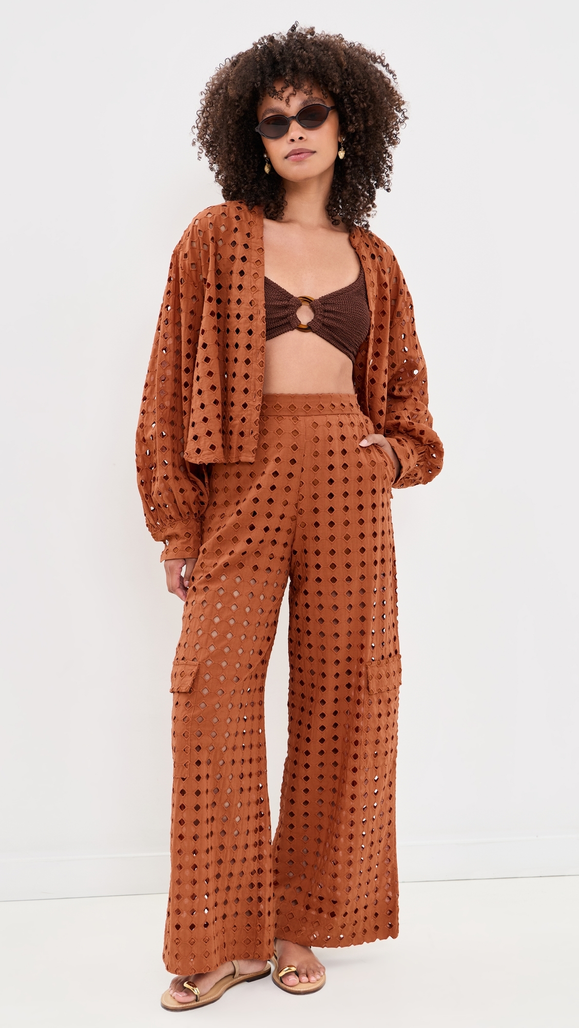 Brown Castanha Cuffed Eyelet Shirt Brown Castanha
