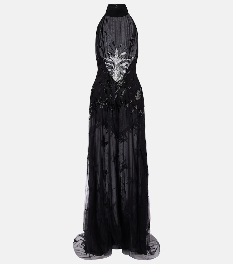 Embellished georgette and lace maxi dress