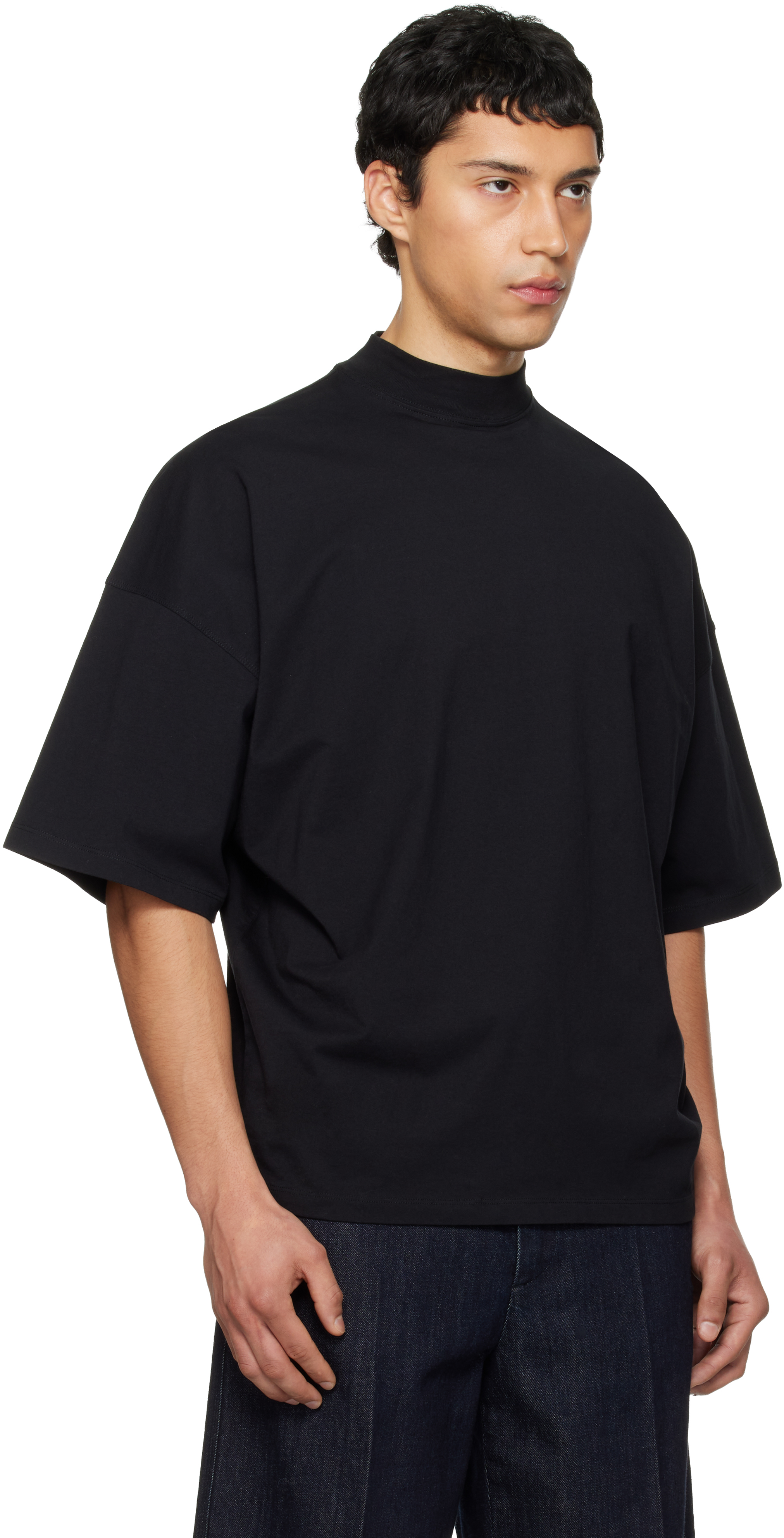 Black Cotton Mock-Neck T-shirt