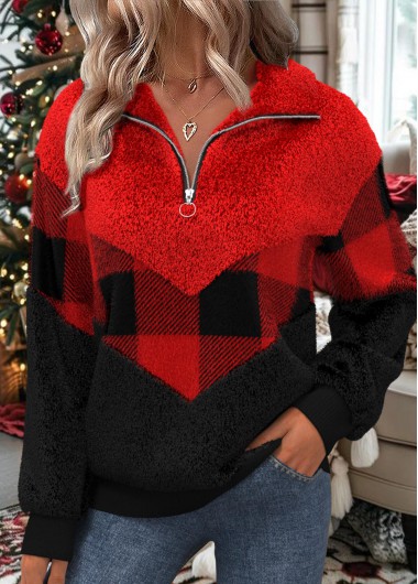 Modlily Christmas Black Patchwork Plaid Long Sleeve Sweatshirt