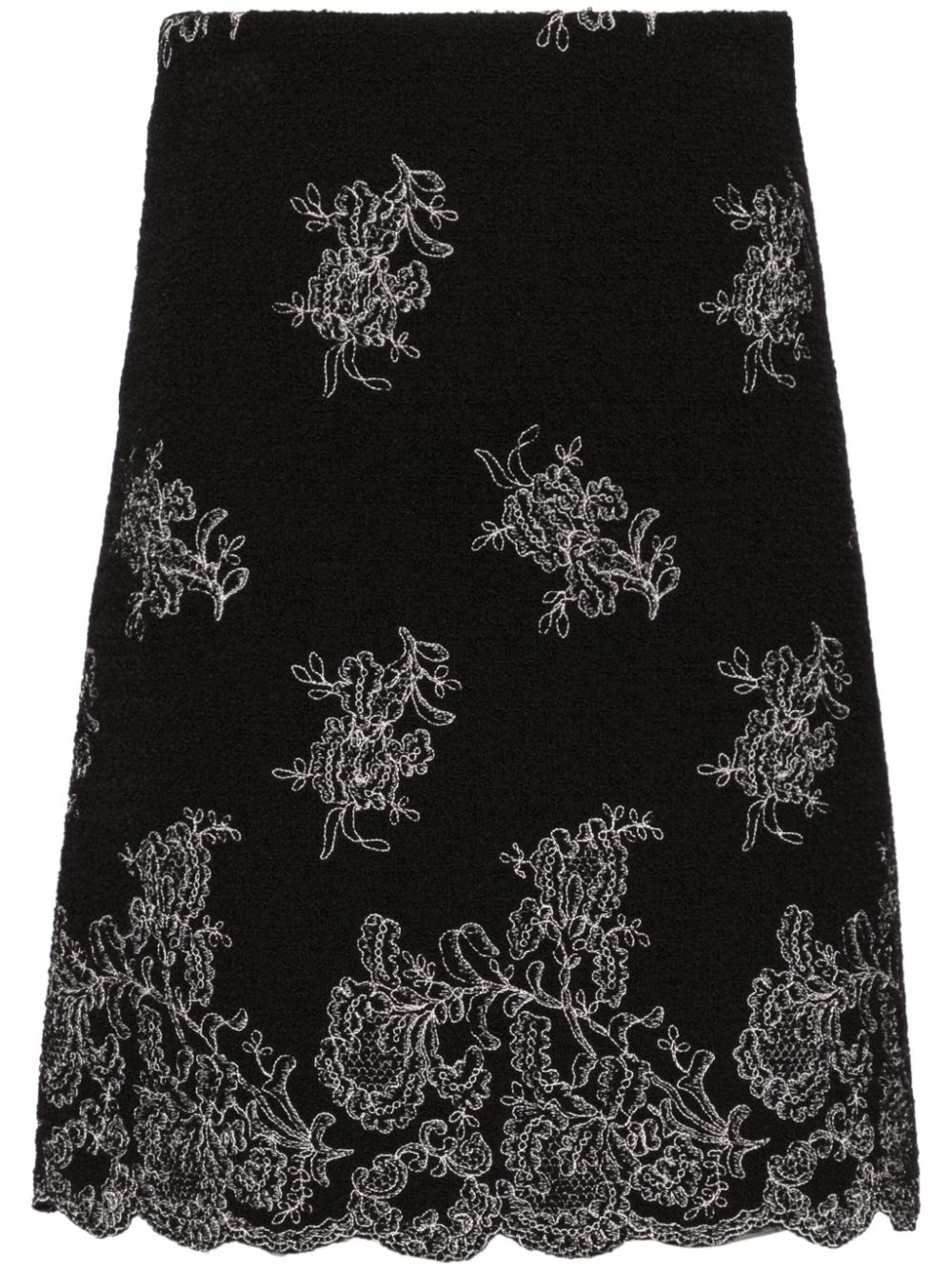 Floral-embroidered tweed skirt - Black