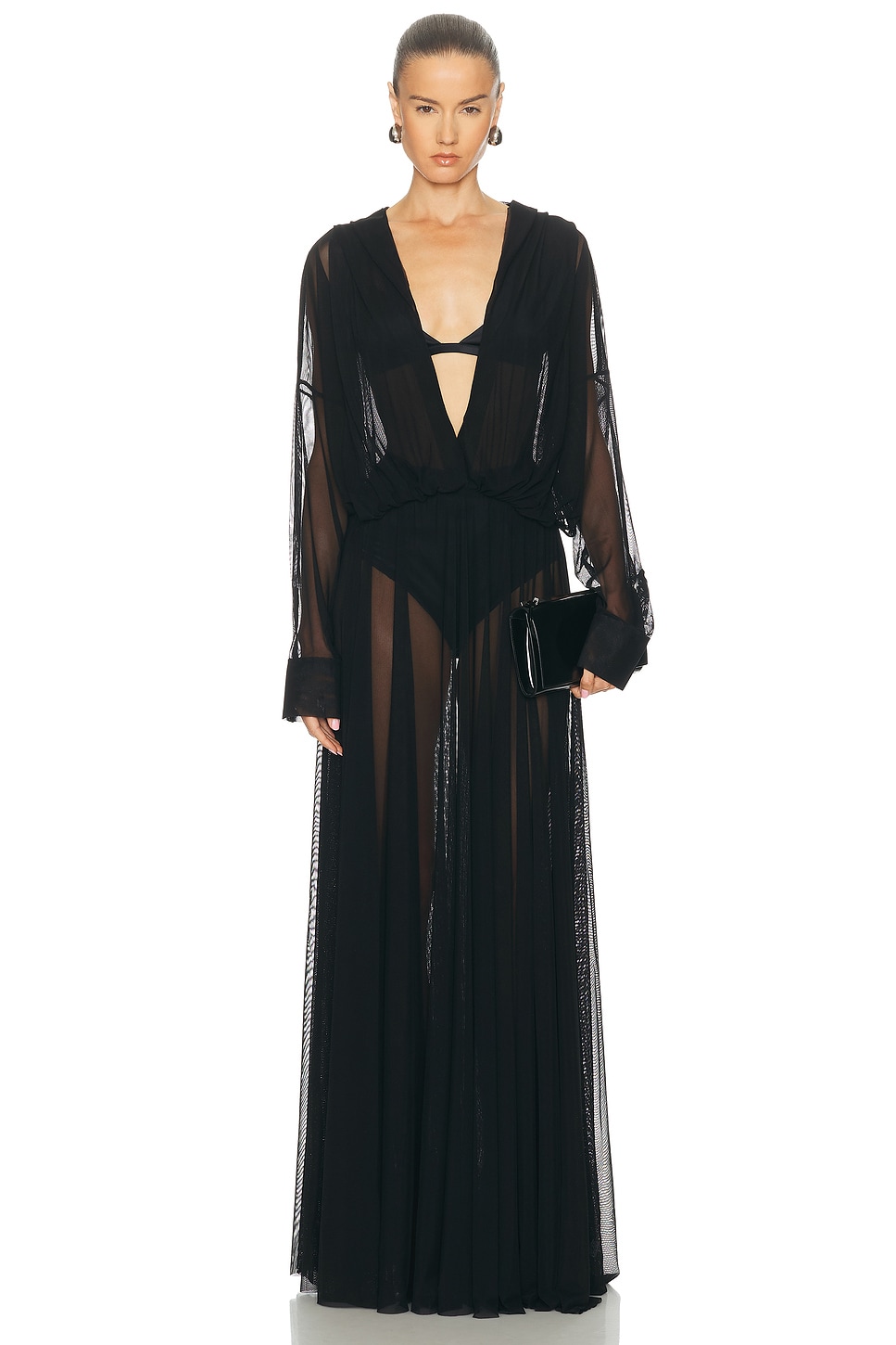Norma Kamali Hooded Super Oversized Boyfriend Shirt Flared Gown in Black - Black. XS also in L