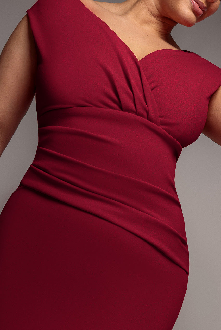 Goddiva Plus Scuba Bardot Pleated Midi Dress - Wine