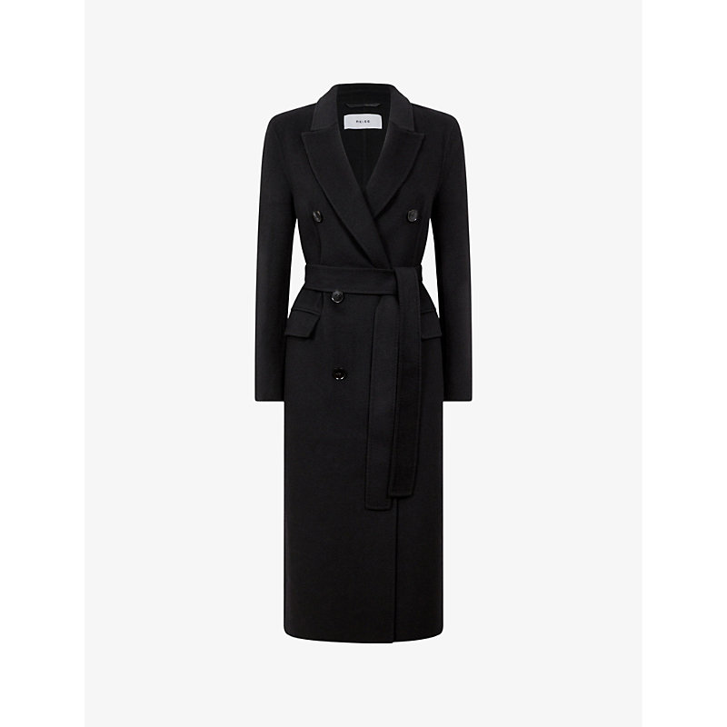 Womens Black Arla Double-breasted Belted Wool-blend Coat