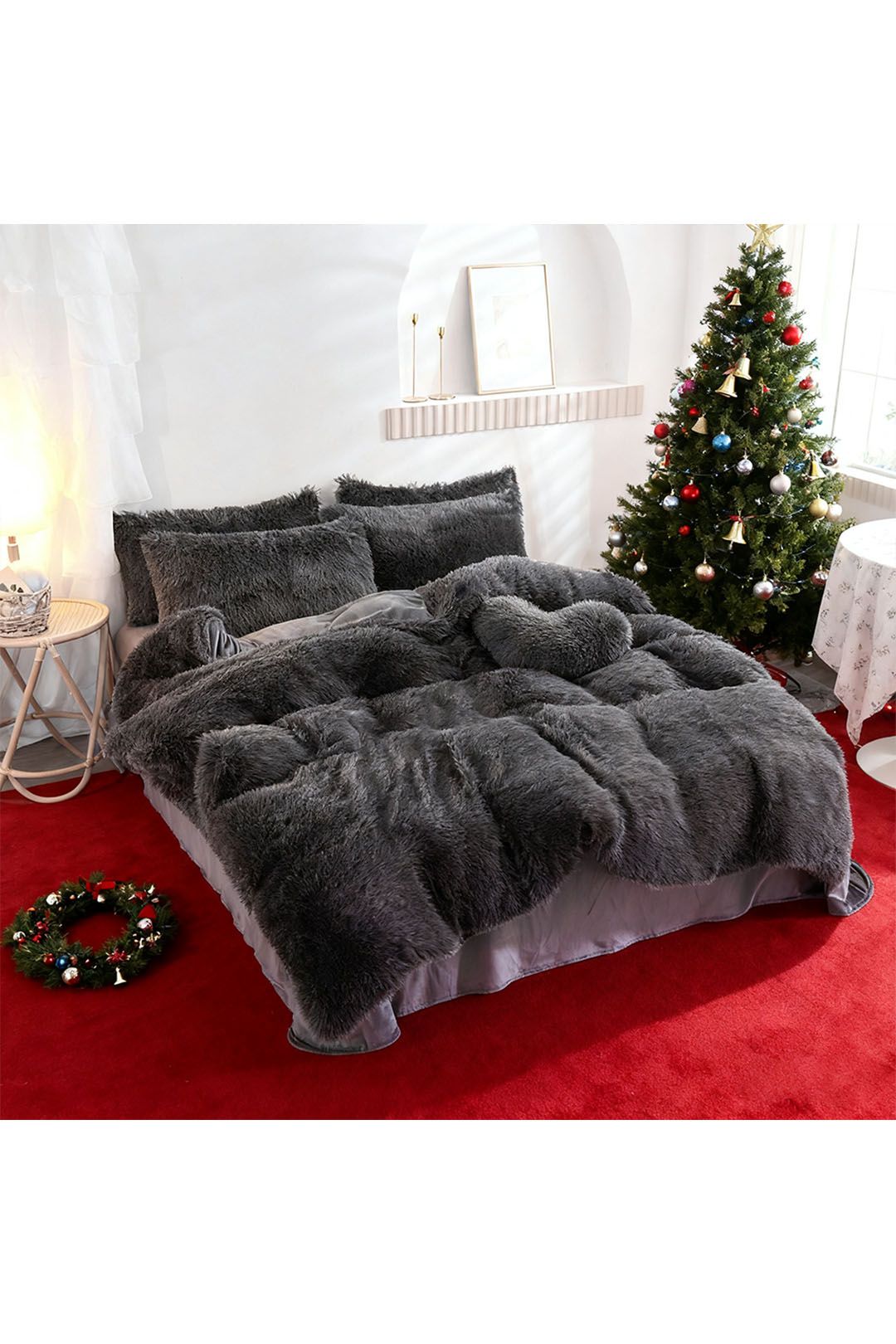 Living and Home Unisex 3Pcs Soft Skin-friendly Faux Mink Fleece Duvet Set in Dark Grey | : Single