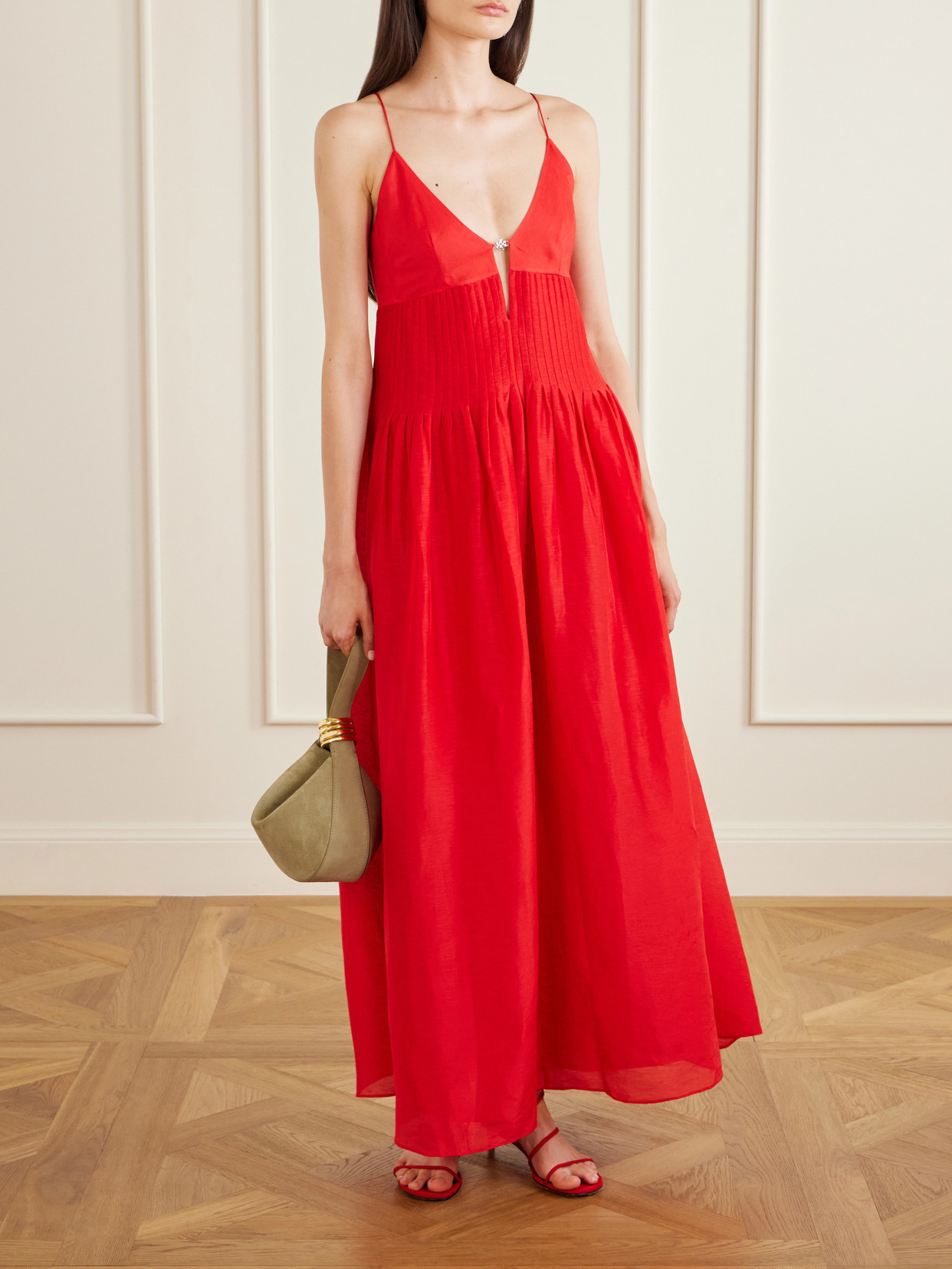 Embellished Pleated Linen And Silk-blend Maxi Dress - Red