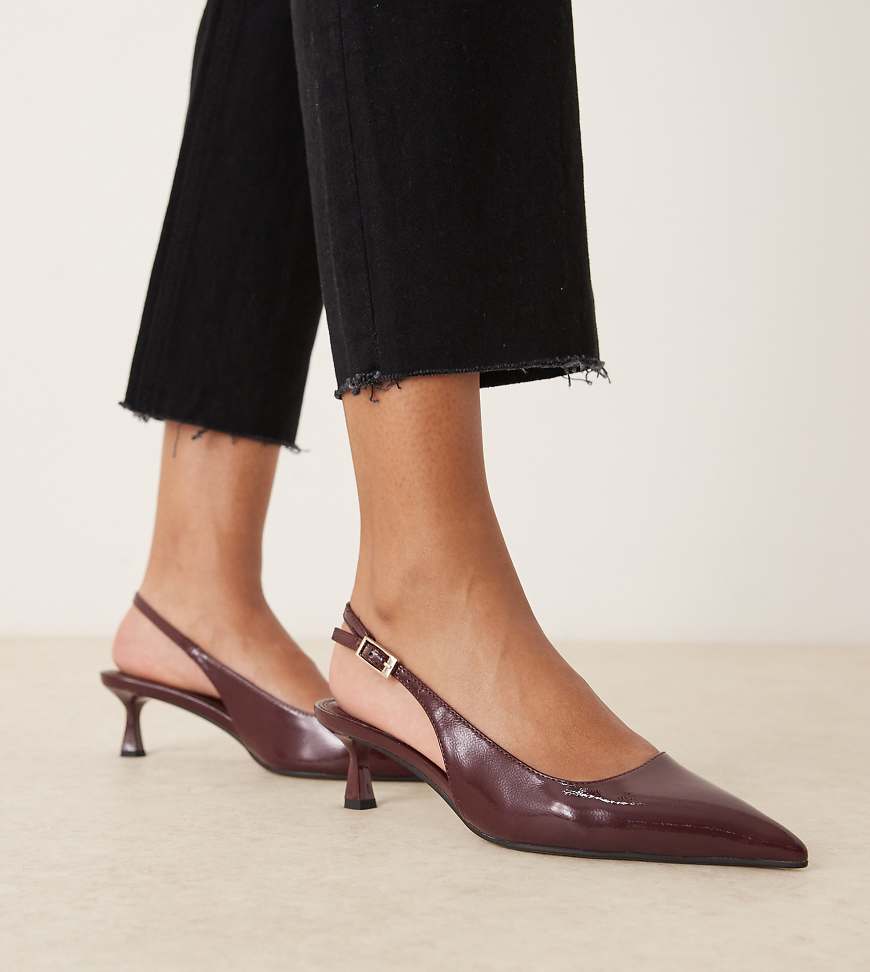 Wide Fit Skip slingback kitten heel shoes in burgundy patent-Red