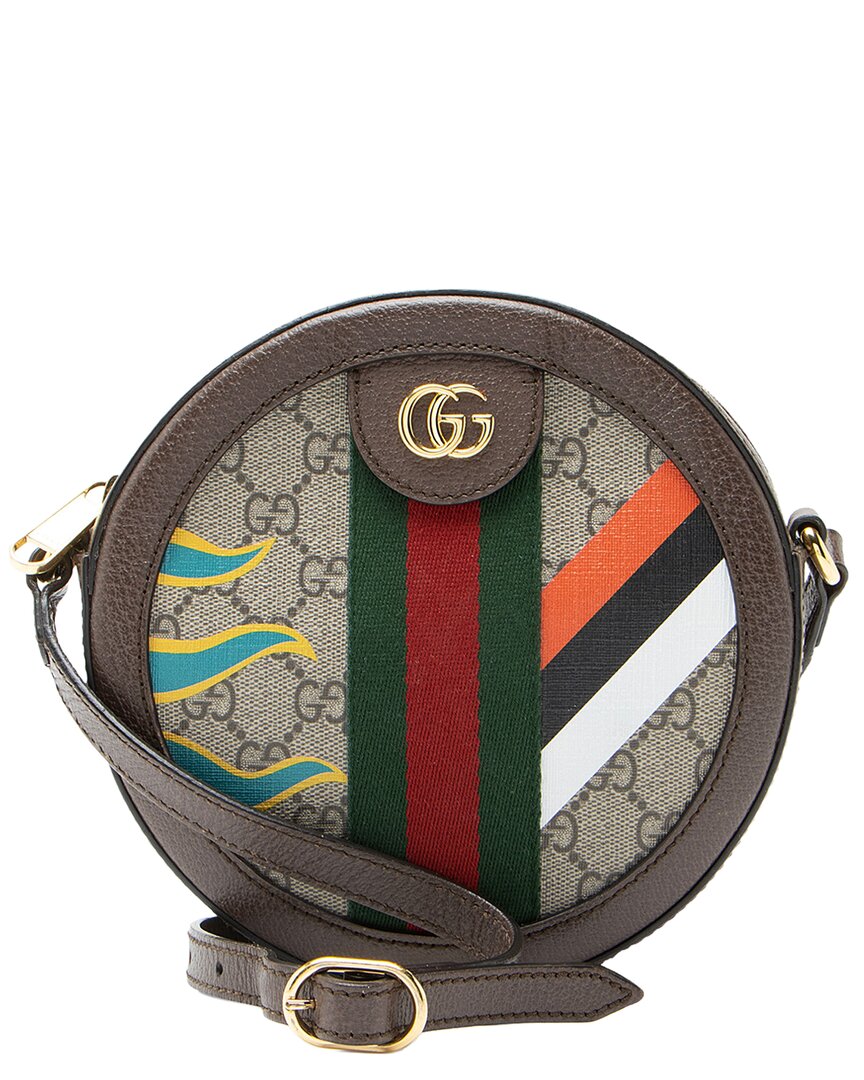 Beige & Brown GG Supreme Canvas, Leather & Nylon Ophidia Round Mini Shoulder Bag (Authentic Pre-Loved)