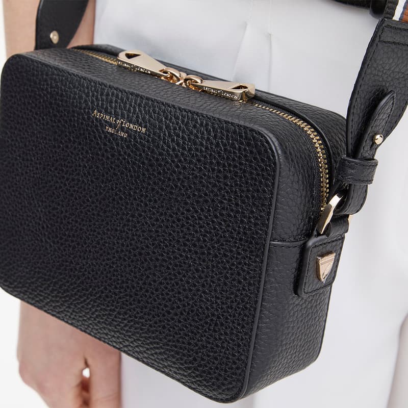 The Camera Crossbody Bag in Black Pebble with Webbing Strap