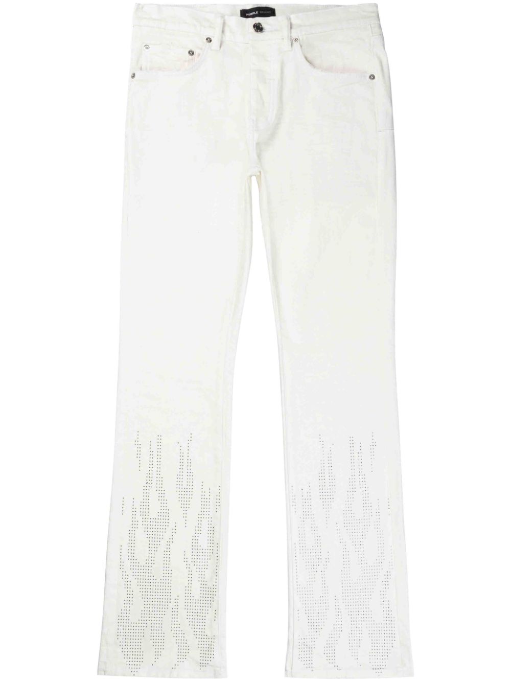 Rhinestone-flame low-rise straight-leg jeans - White