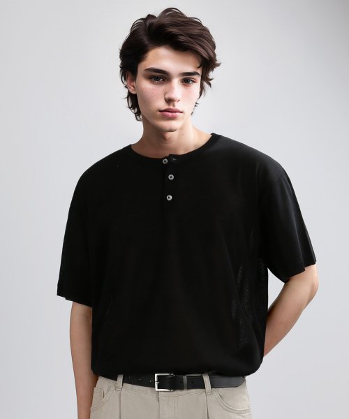 HENLEY NECK HALF MESH-KNIT