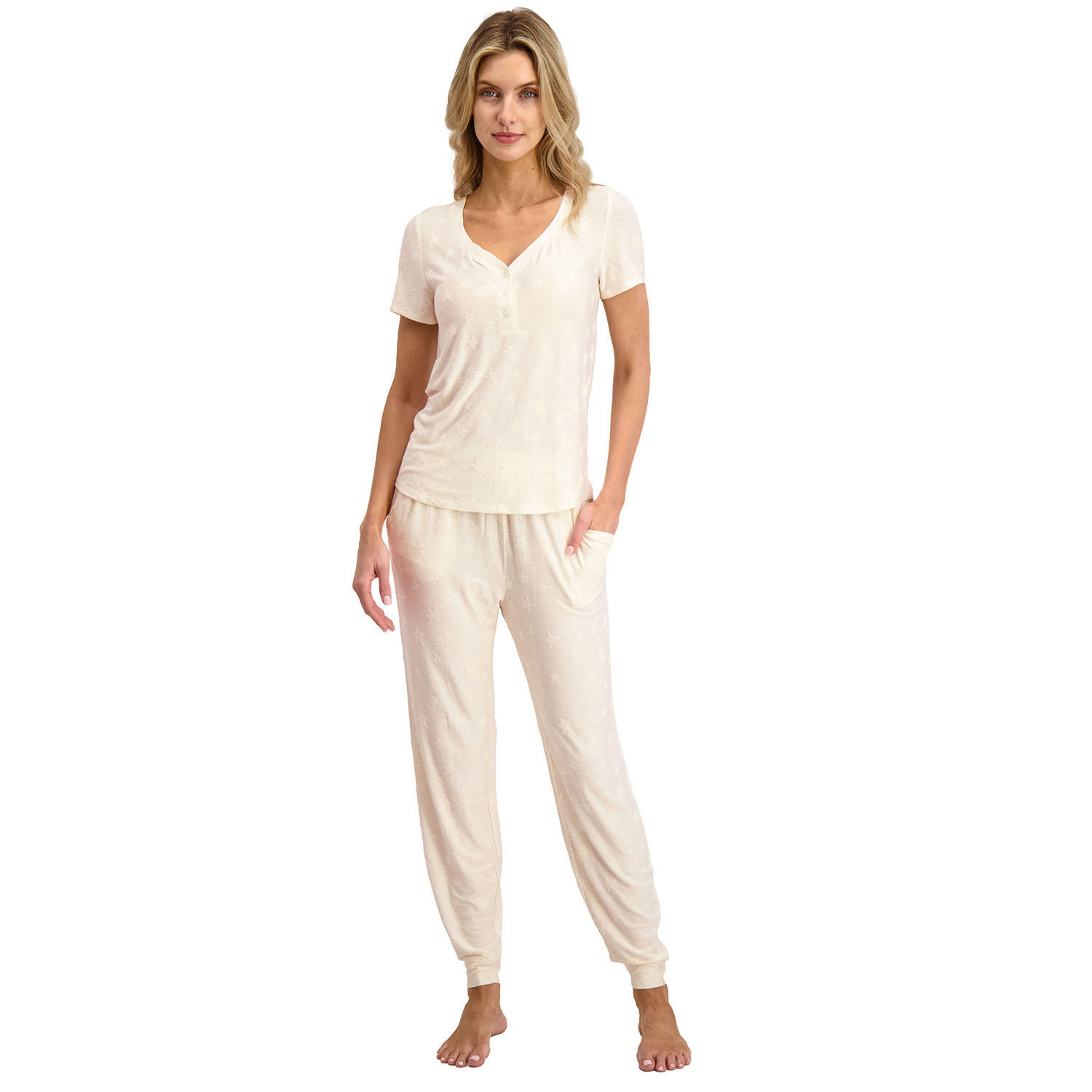 Burnout Short Sleeve & Pant Pj Set Cream XL:- Cream