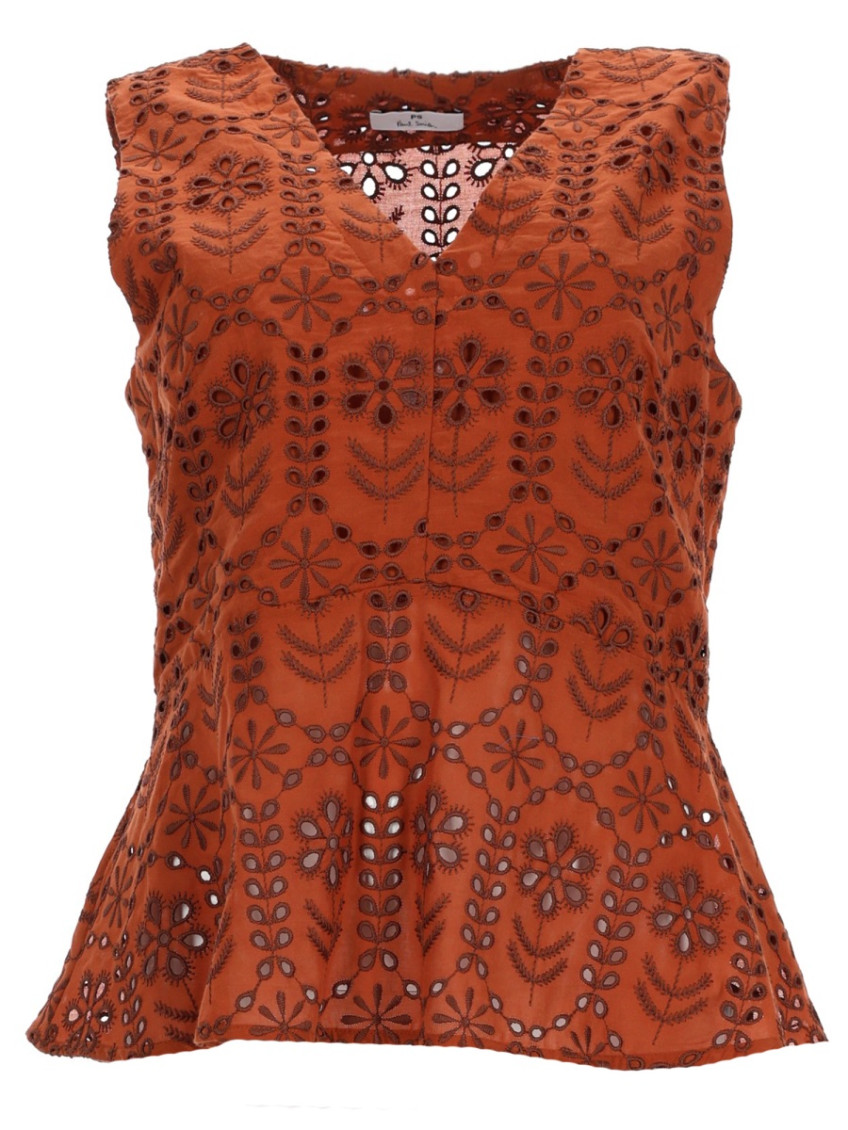 Brown Embroidered V Neck Top