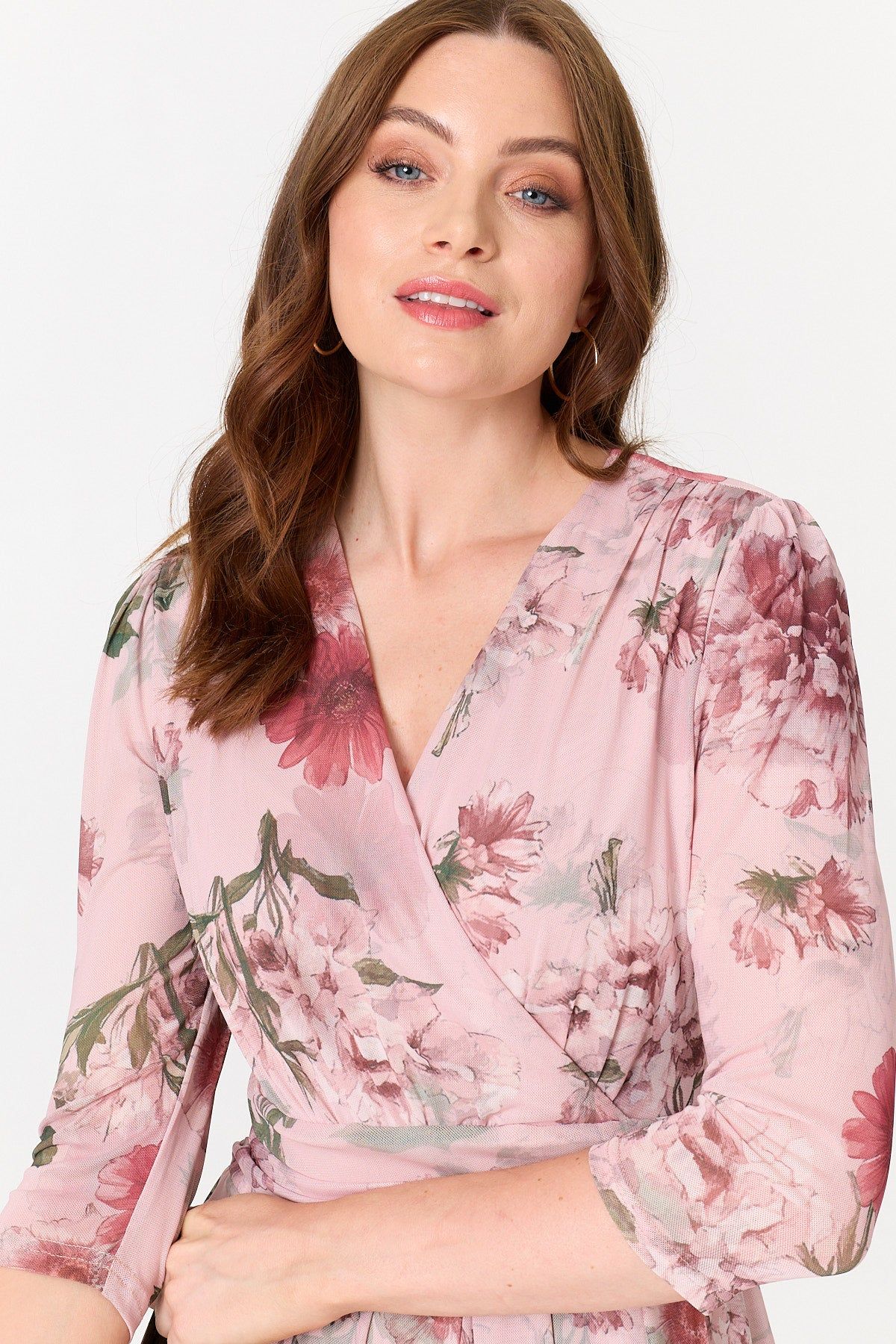 Izabel London Floral 3/4 Sleeve Wrap Front Midi Dress In Pink
