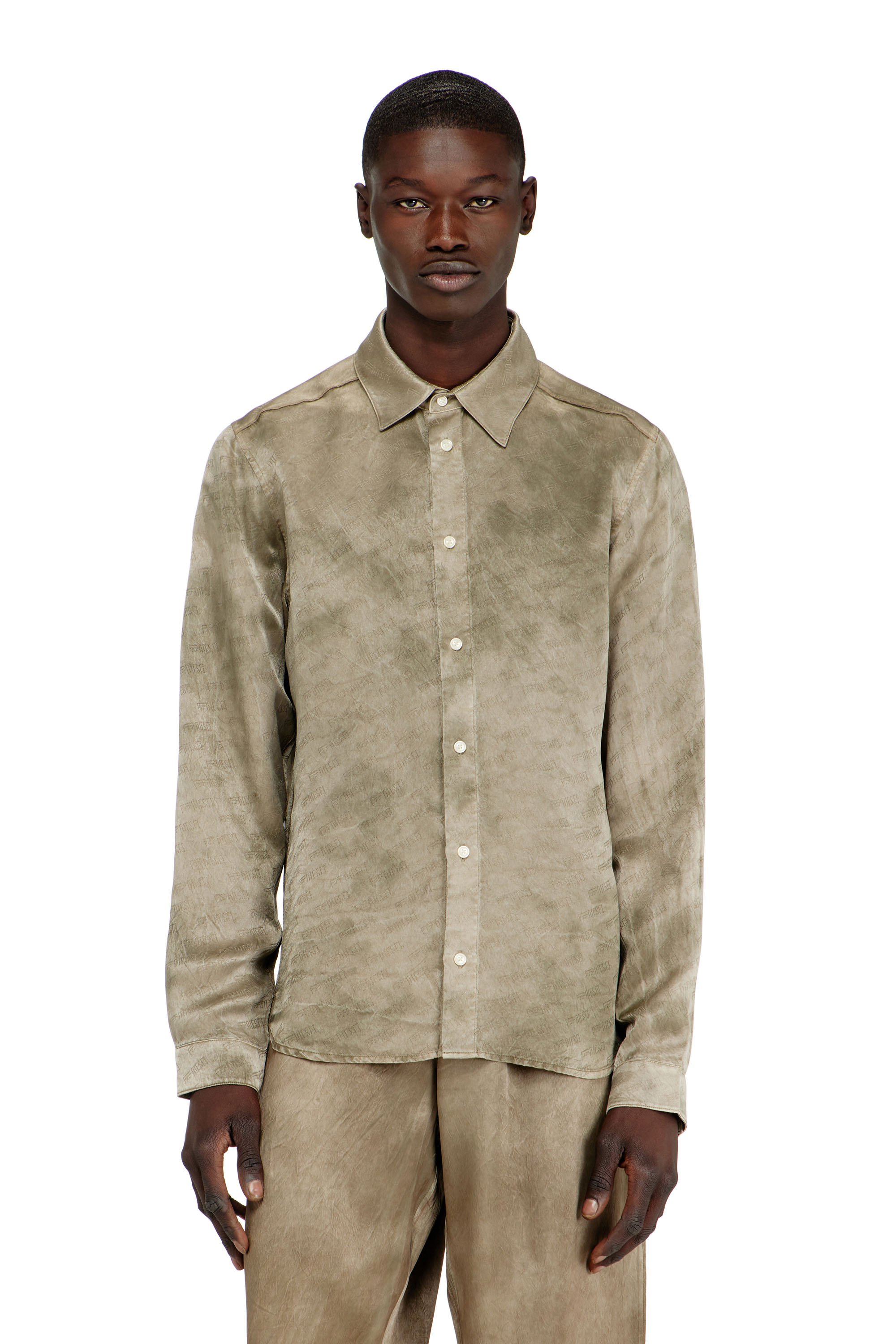 Shirt in logo-jacquard crinkled satin - Shirts - Man - Brown