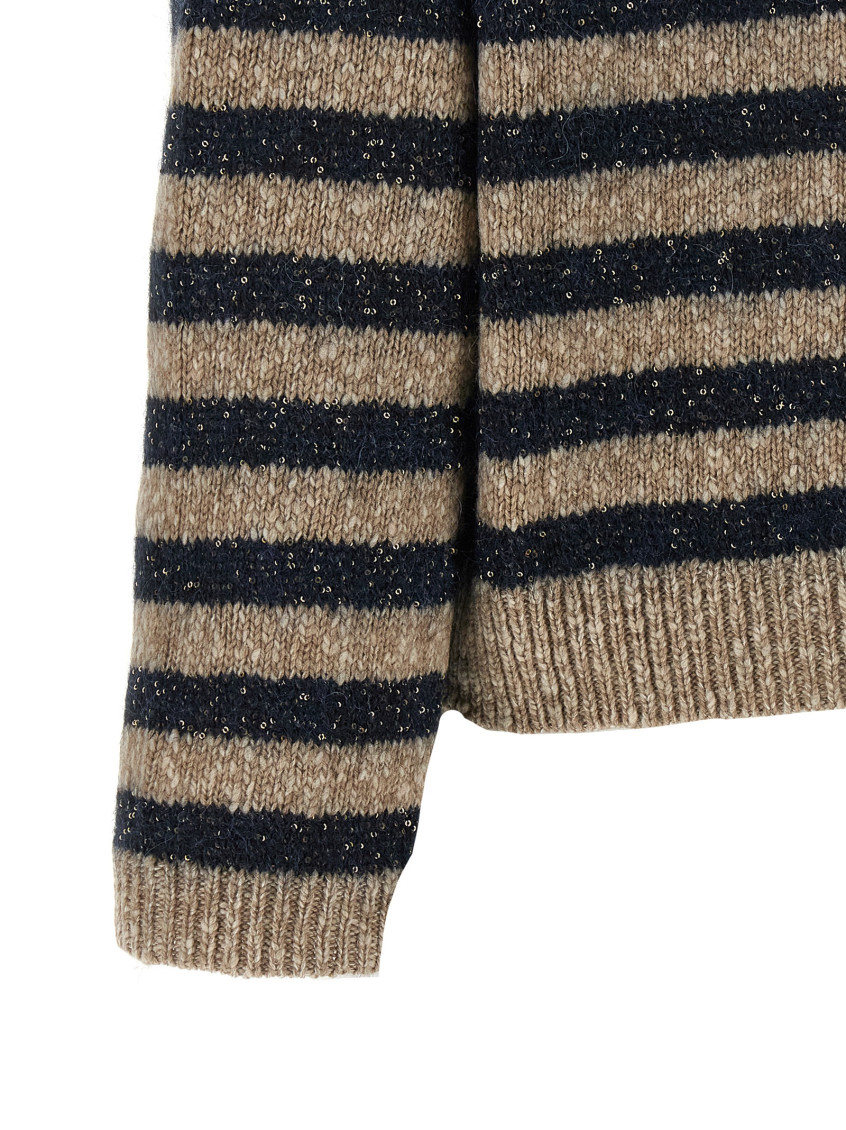 Brunello Cucinelli - striped sequin knit crew neck sweater