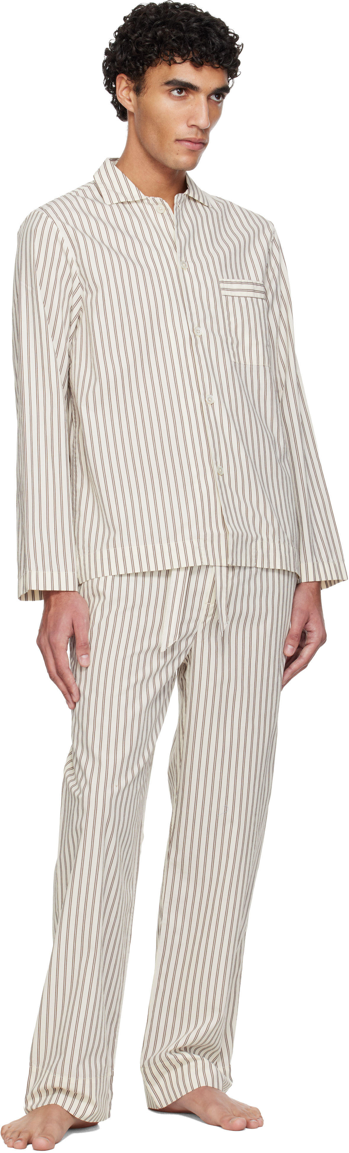 White & Brown Poplin Long-Sleeved Pyjama Shirt