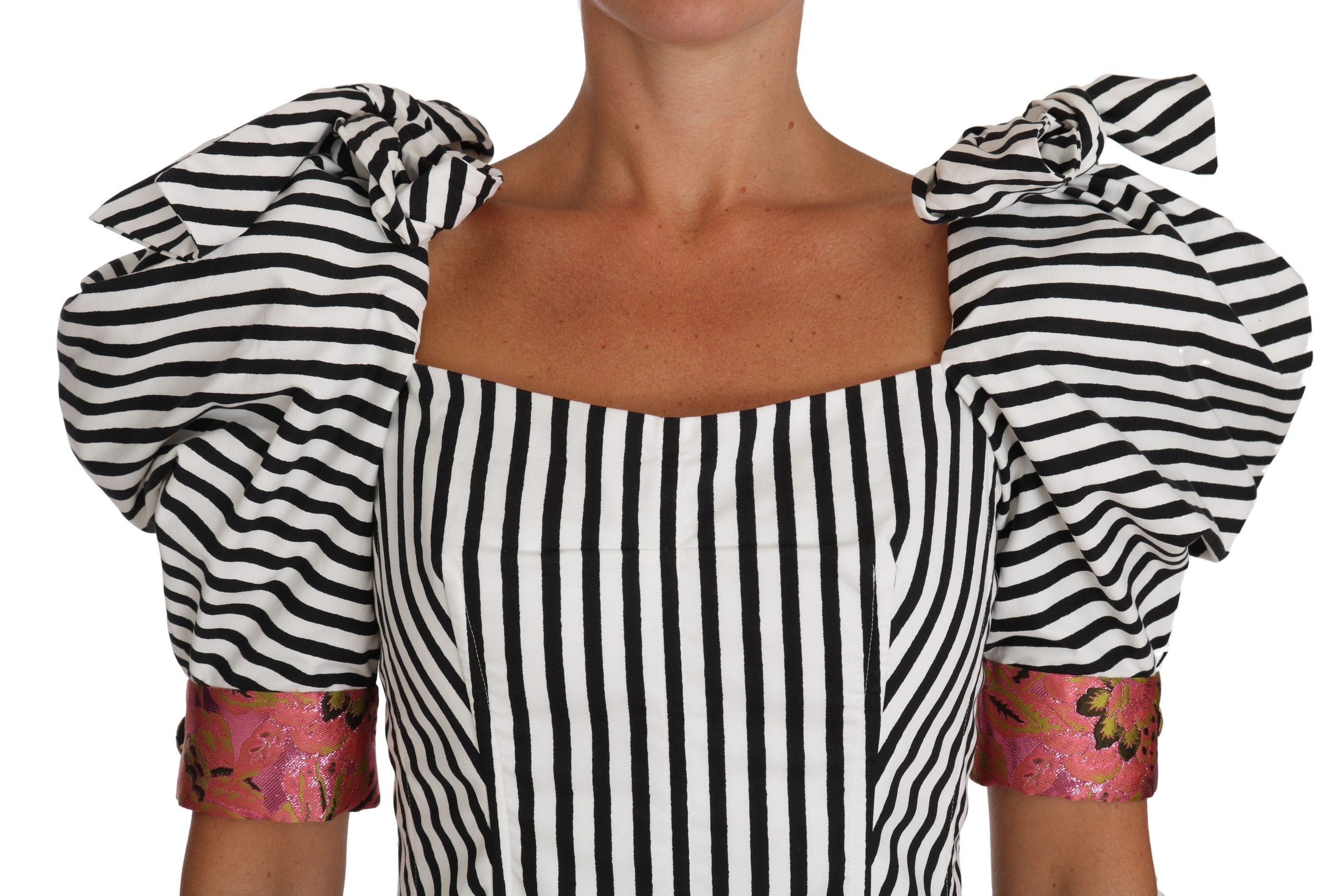 Striped Puff-Sleeve Cropped Blouse — White